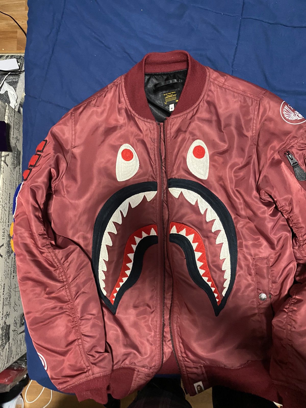 Bape bape front facing shark ma1 bomber flight jacket burgandy Grailed