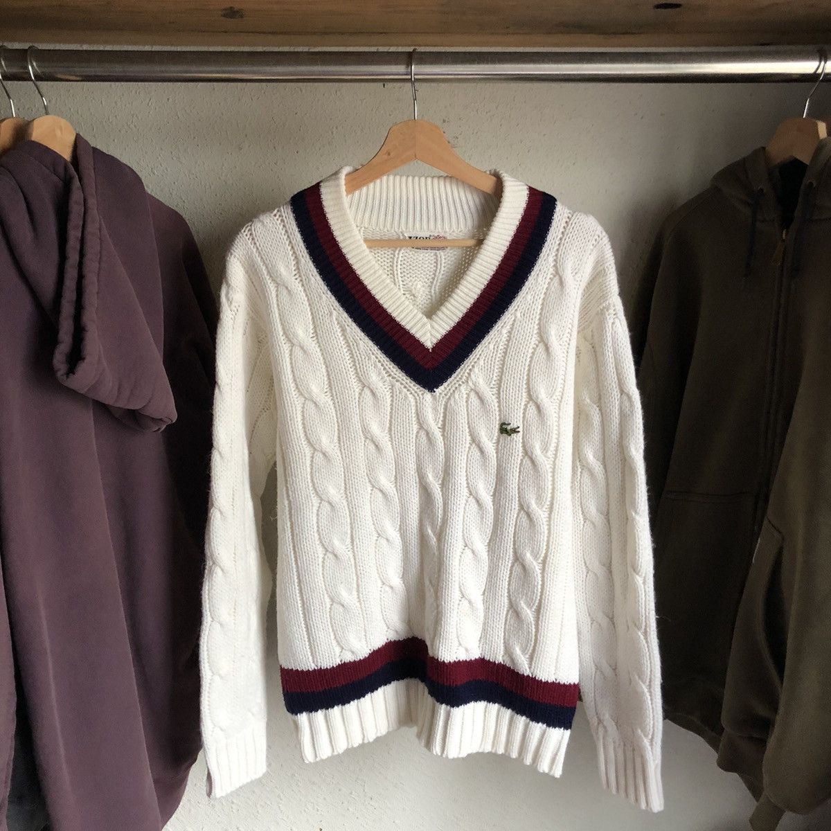 Vintage Lacoste Tilden XL 70s Izod Cable Knit V Neck Cricket Prep Sweater offers