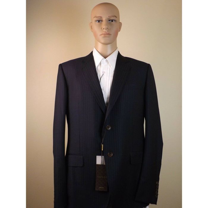 Gucci 353238 Blue Sapphire Wool Bold Stripe 2 Button Suit Eu 54r 