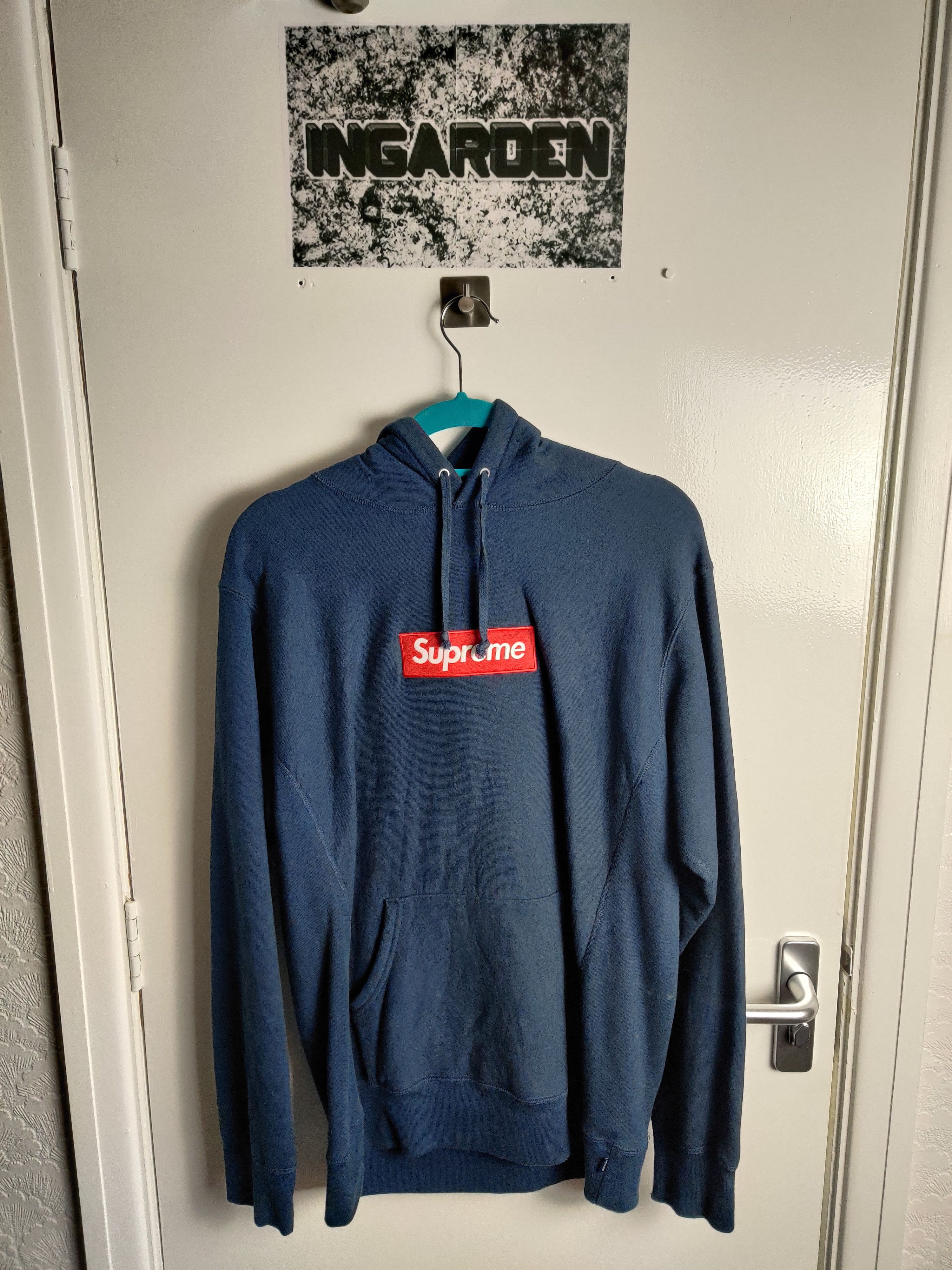 Navy box logo hoodie best sale