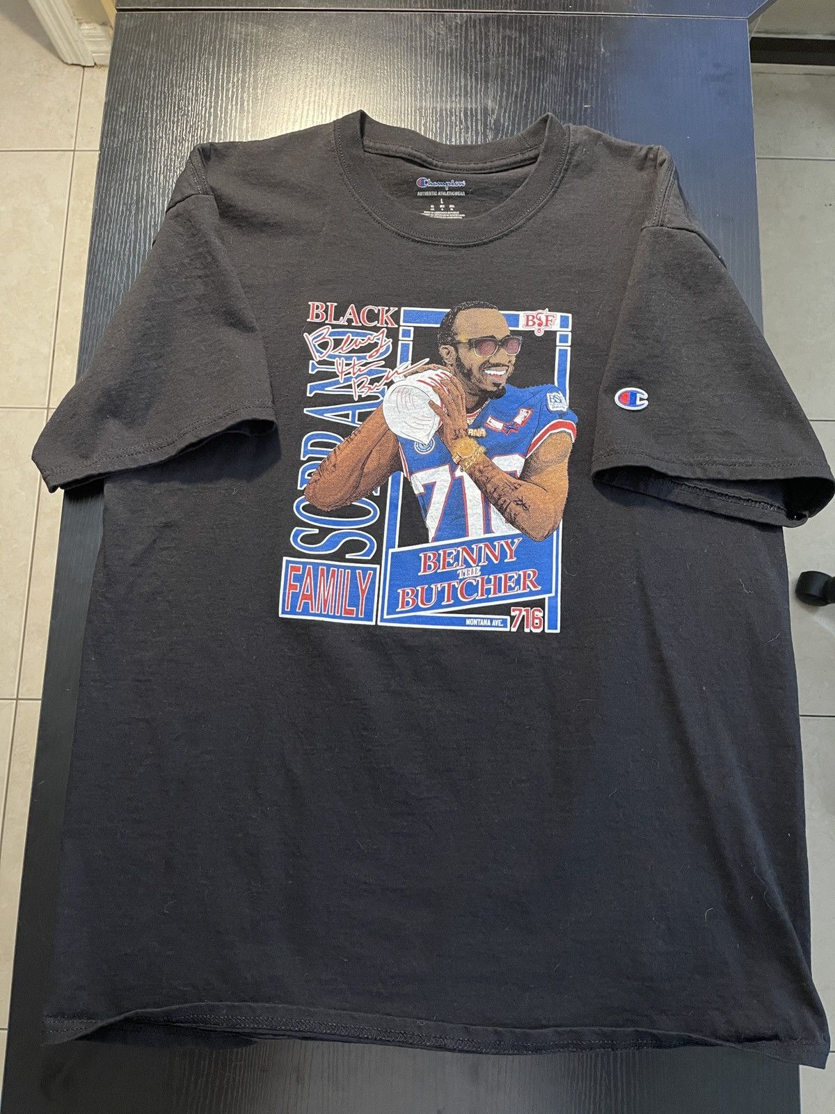 Benny The Butcher x Buffalo Bills Champion T Shirt Tee Size Large &  X-Large Blue