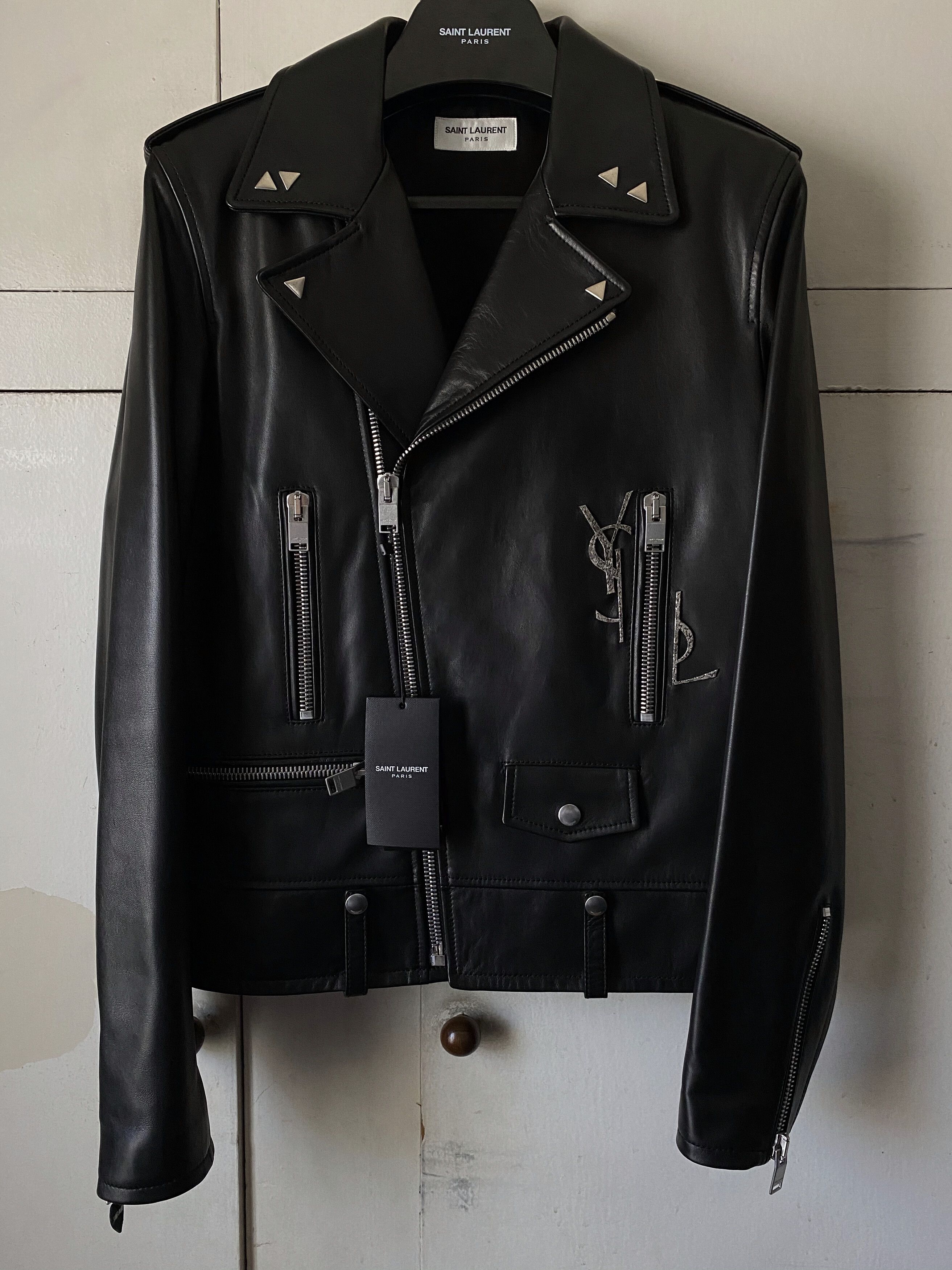 Saint Laurent Paris Monogram L01 Leather Biker Jacket w/ Embellished ...
