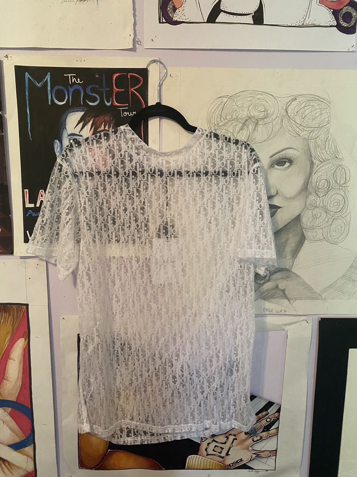 Dior White mesh jersey T shirt with Dior oblique d vor effect