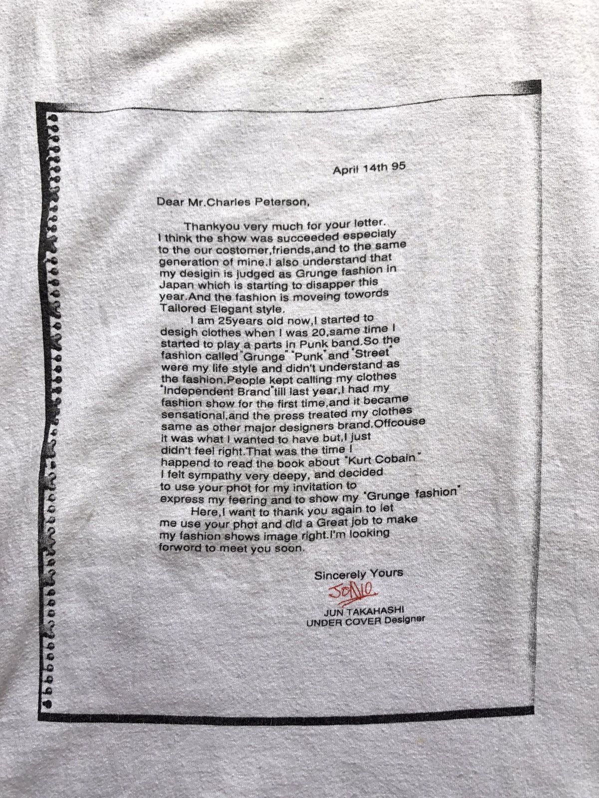 Jun Takahashi × Undercover × Vintage AW95 Jun Takahashi’s Letter Charles Peterson Tshirt Size US L / EU 52-54 / 3 - 2 Thumbnail