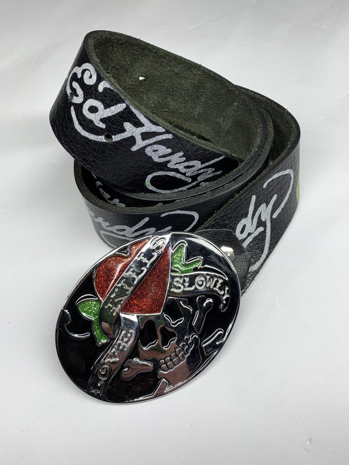 Vintage Y2K Ed Hardy Love Kills Slowly Belt Buckle with Red and Gold Accents Ed Hardy Punk Love Kills Slowly Skull & Heart Belt | Grailed main image 3