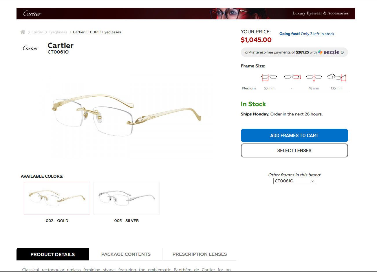 Cartier NEW! Cartier Panthere Gold Glasses CT00580 Size ONE SIZE - 13 Thumbnail