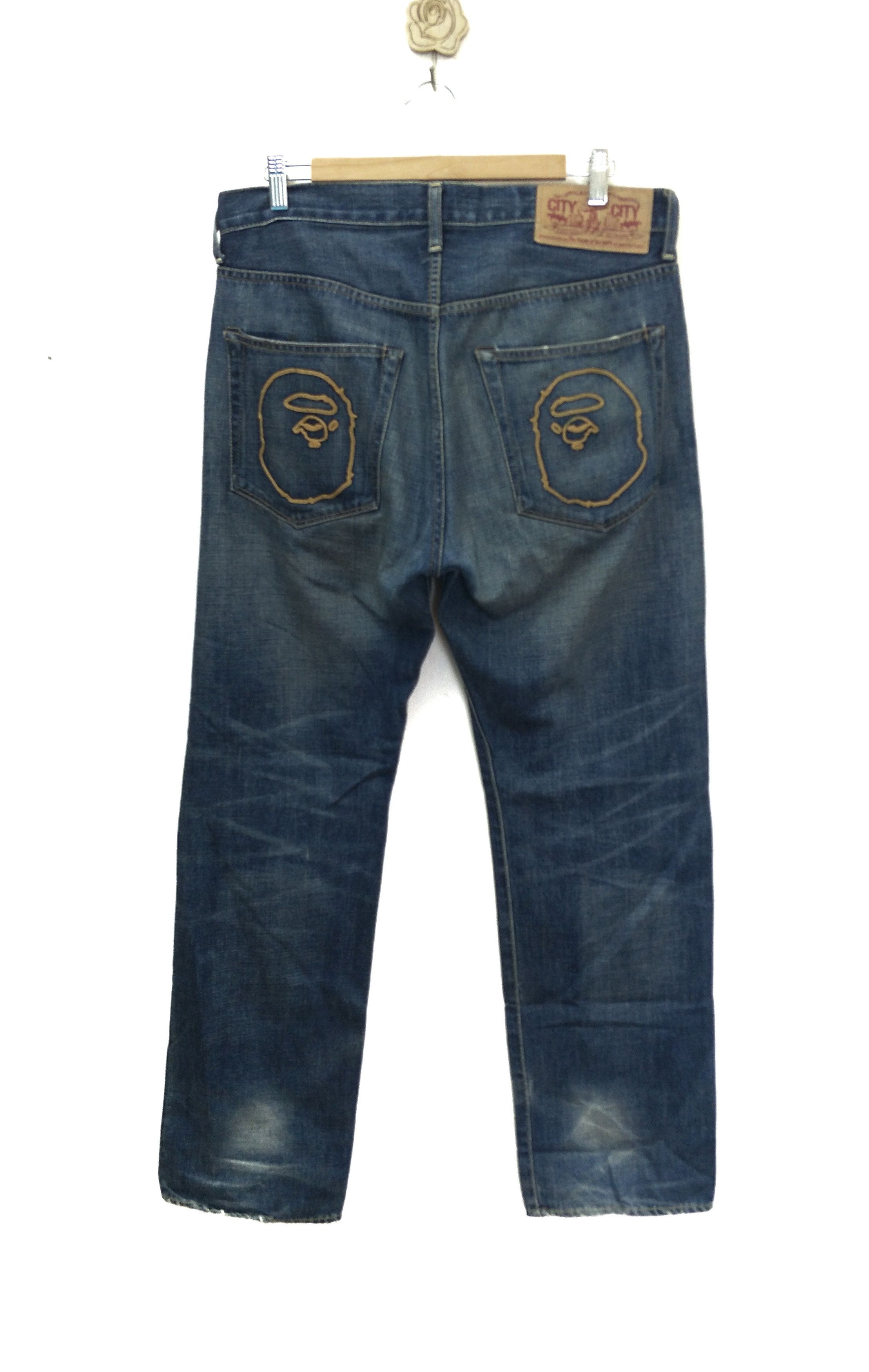 Bathing Ape Bape Head Embroidery Faded Denim