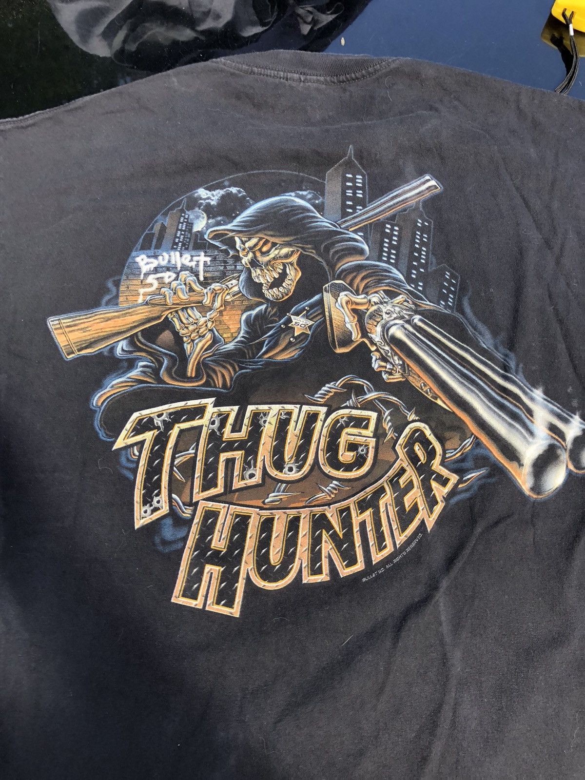 Vintage vintage thug hunter grim reaper gun spell out shirt | Grailed