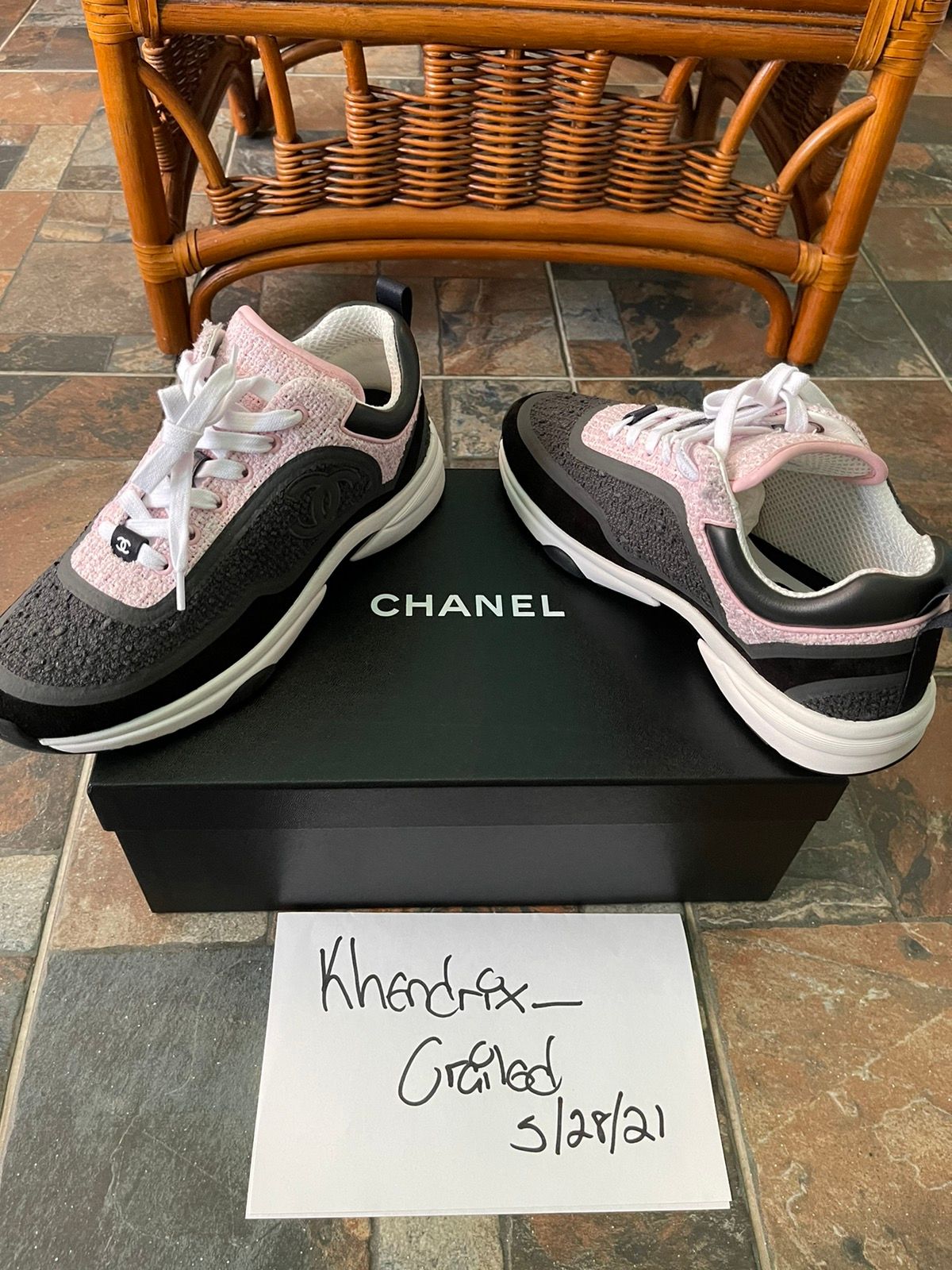Chanel Gray & Pink Chanel Sneakers Tweed Suede Calfskin