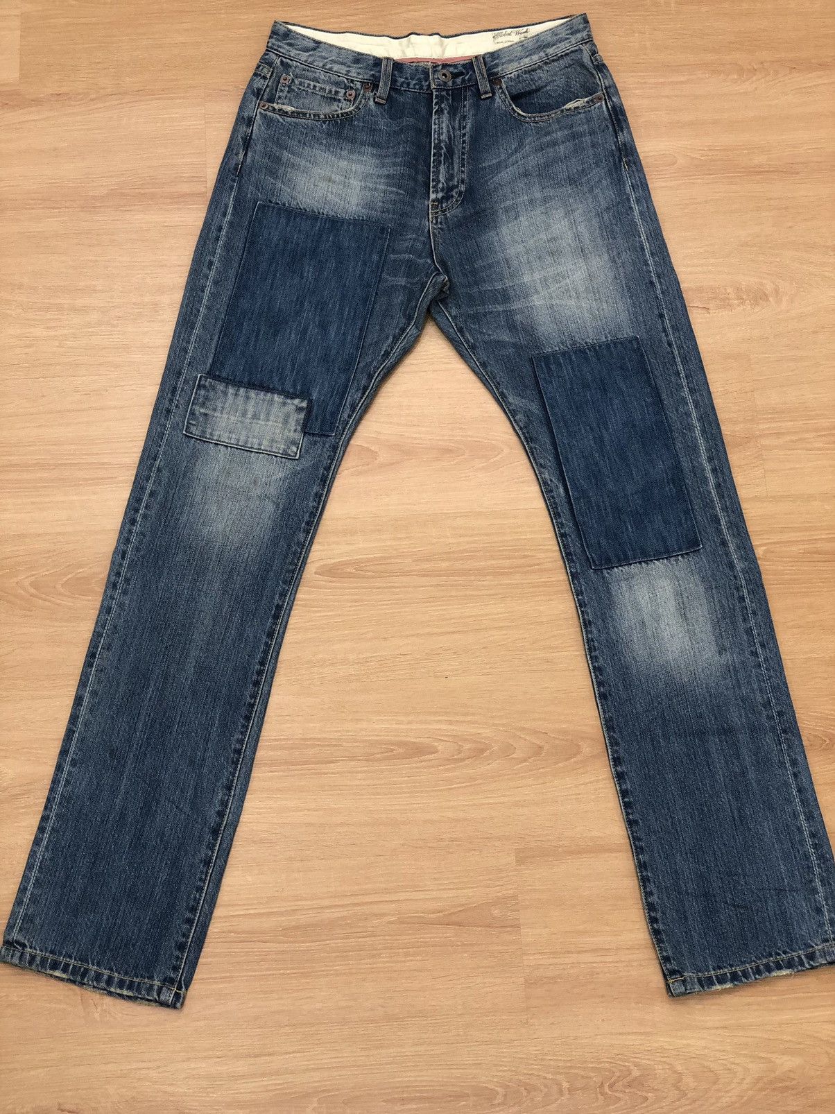 image of Japanese Global Work Patchwork Denim Distressed Jeans in Blue, Men's (Size 30)