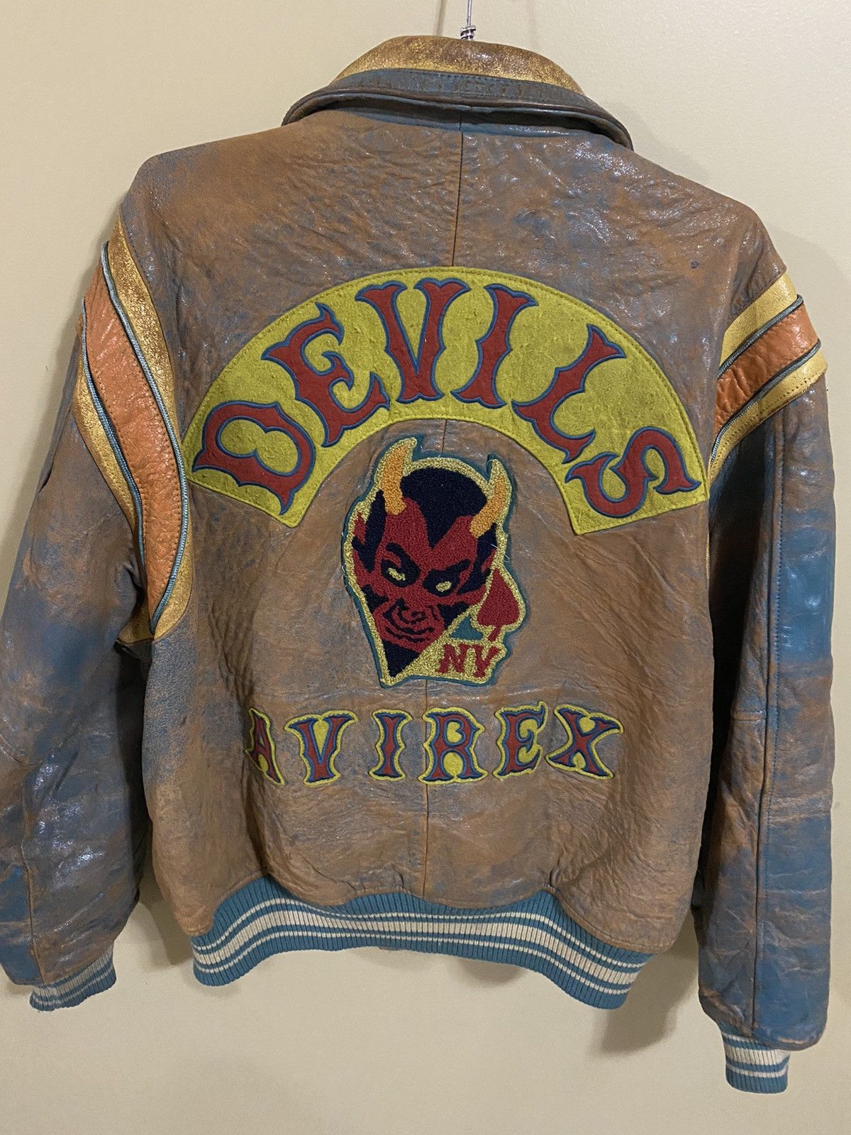 Vintage 1991 Avirex Leather Varsity Jacket Devils Collegiate Style 