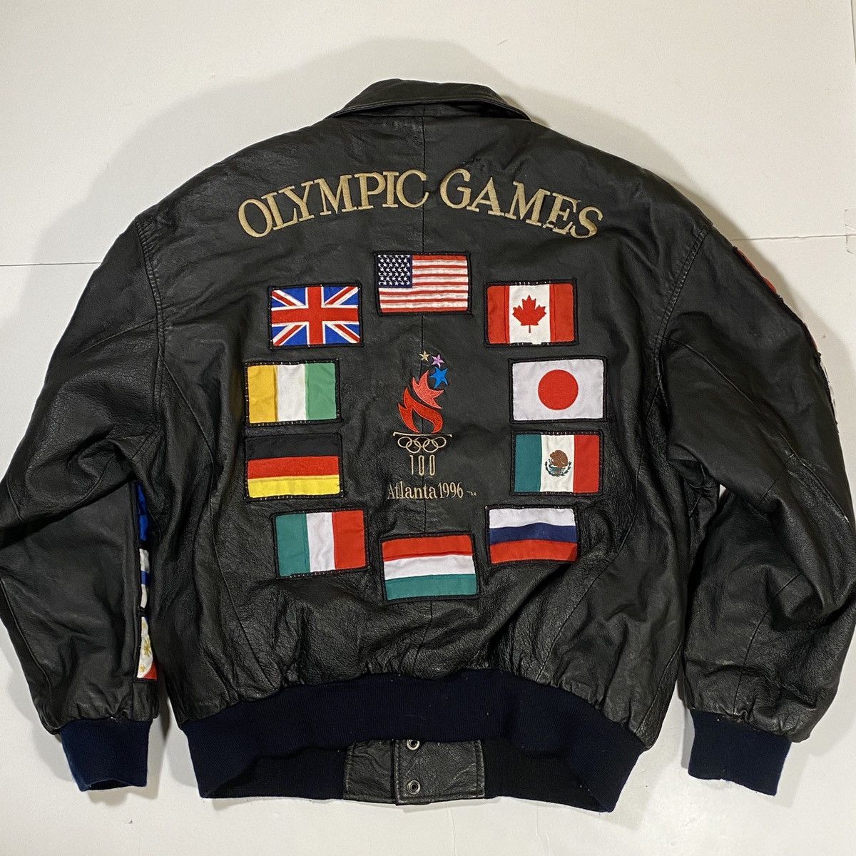 Vintage 96’ USA Olympics Olympic Games Flags Leather Jacket | Grailed