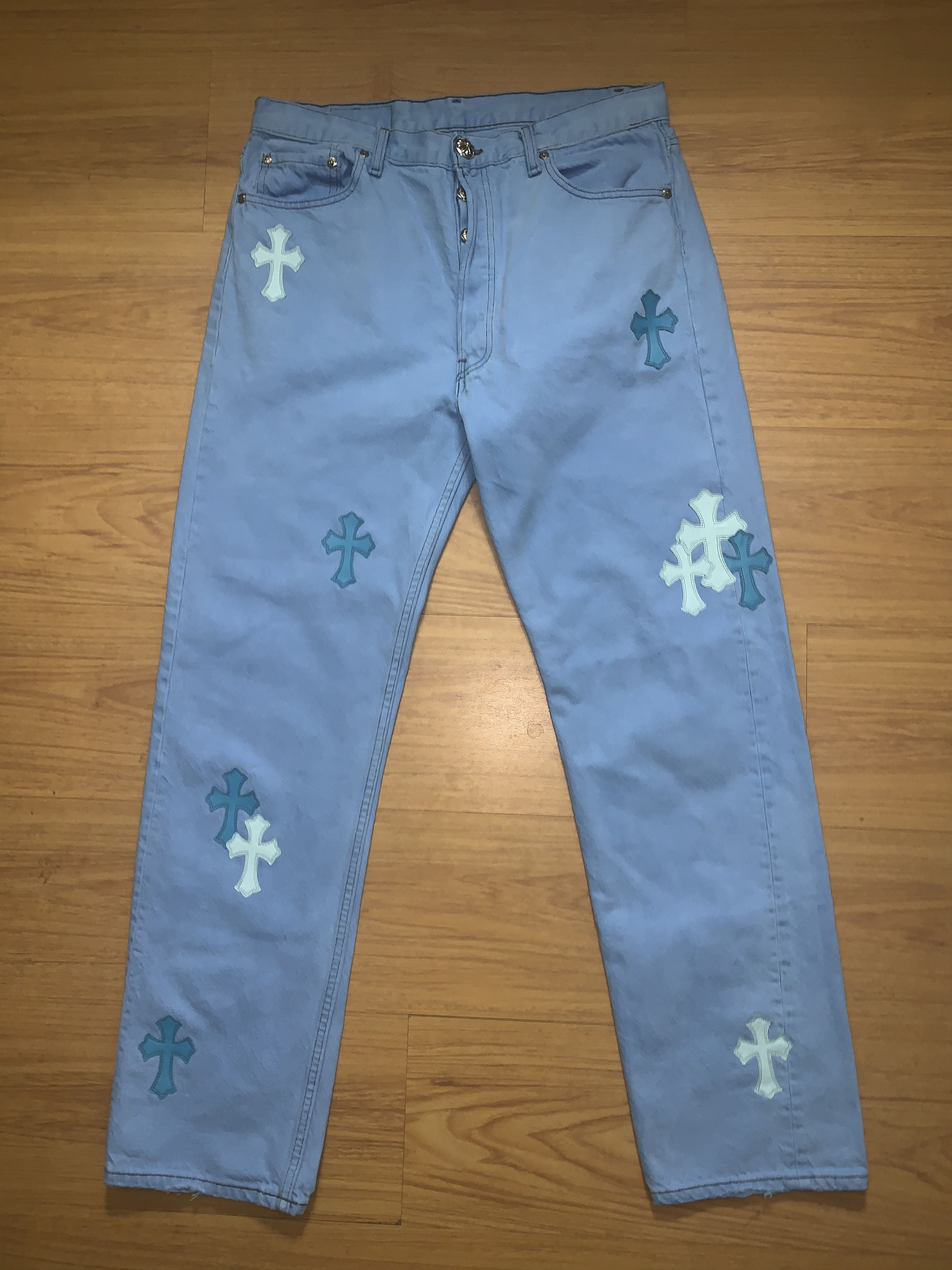 Chrome Hearts Fleur Knee Pink and Checkered Cross Denim Jeans Black