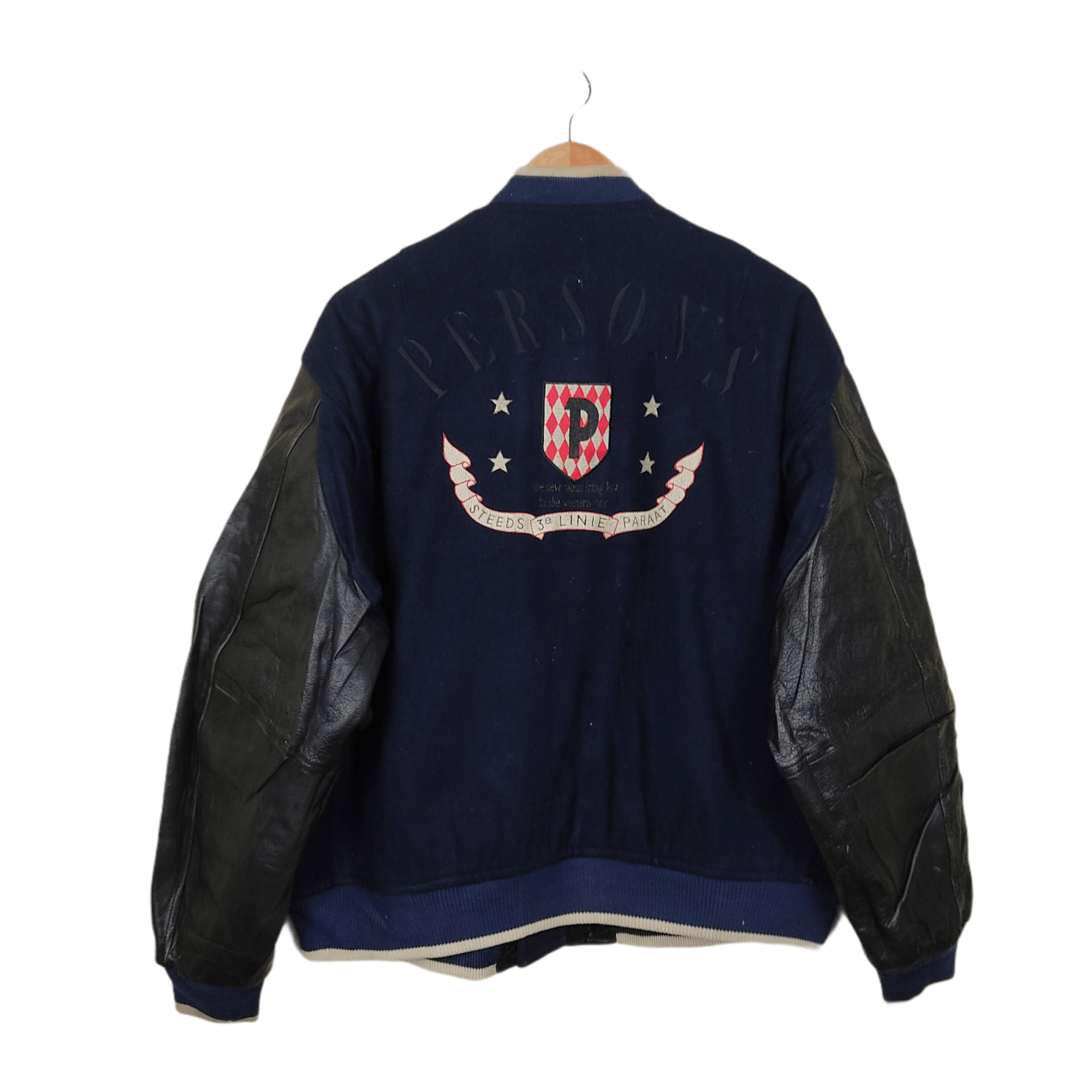 image of Persons x Varsity Jacket Vintage Person's Spell Out Leather Varsity Jacket in Blue Black (Size XL)