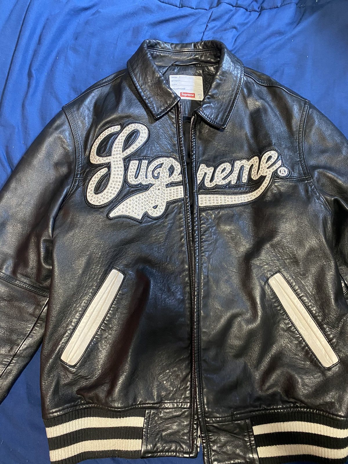 Supreme Uptown studded leather varsity jacket black size small