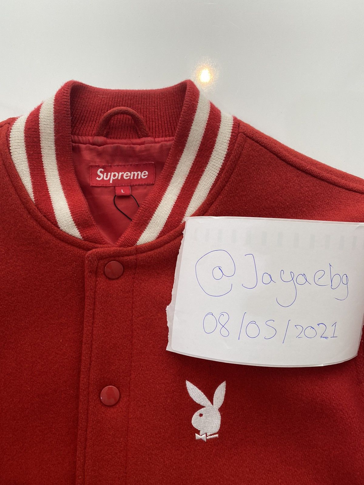 Supreme playboy varsity jacket red store