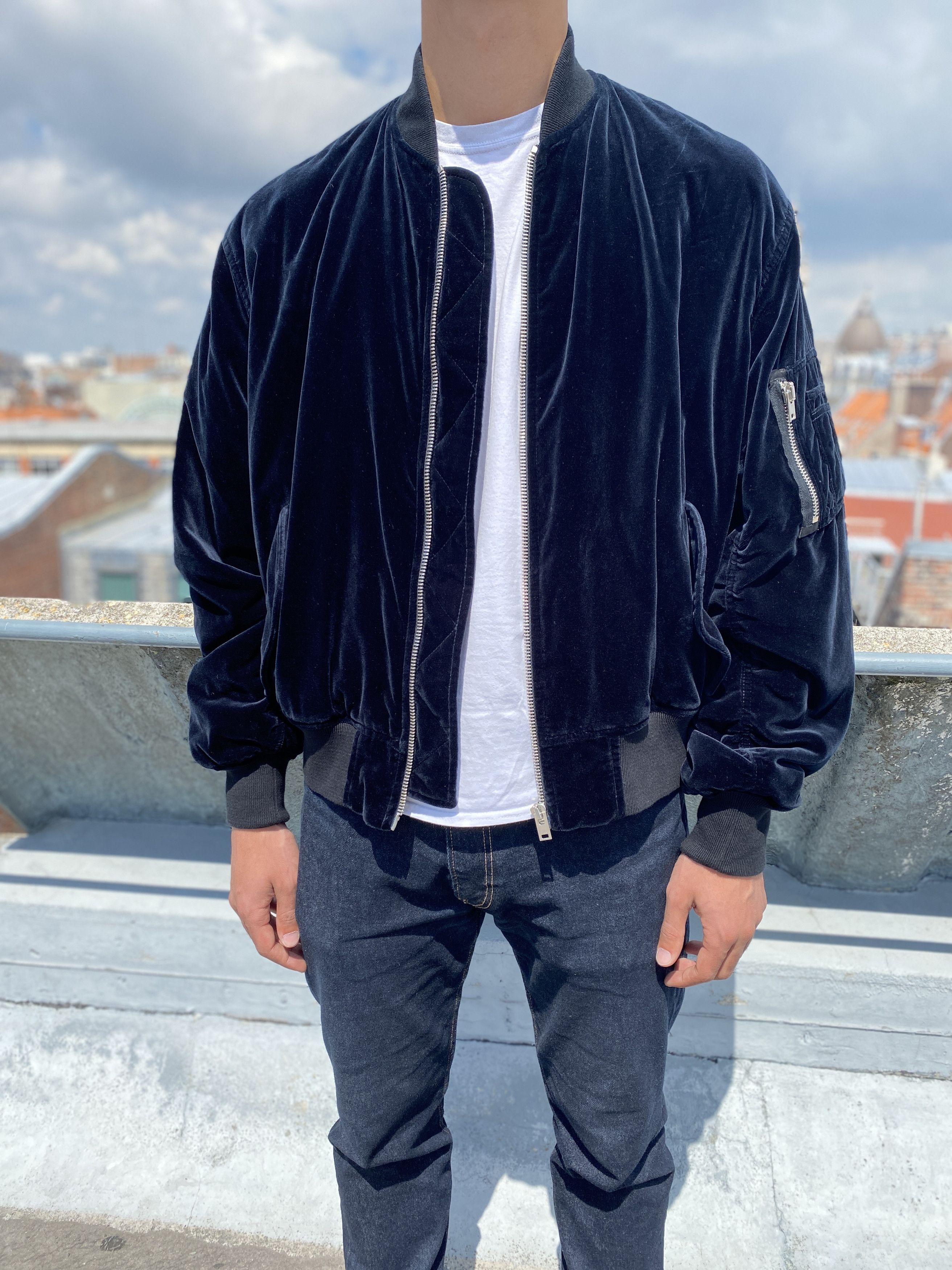 Oversized Dark Navy Velvet Bomber Jacket