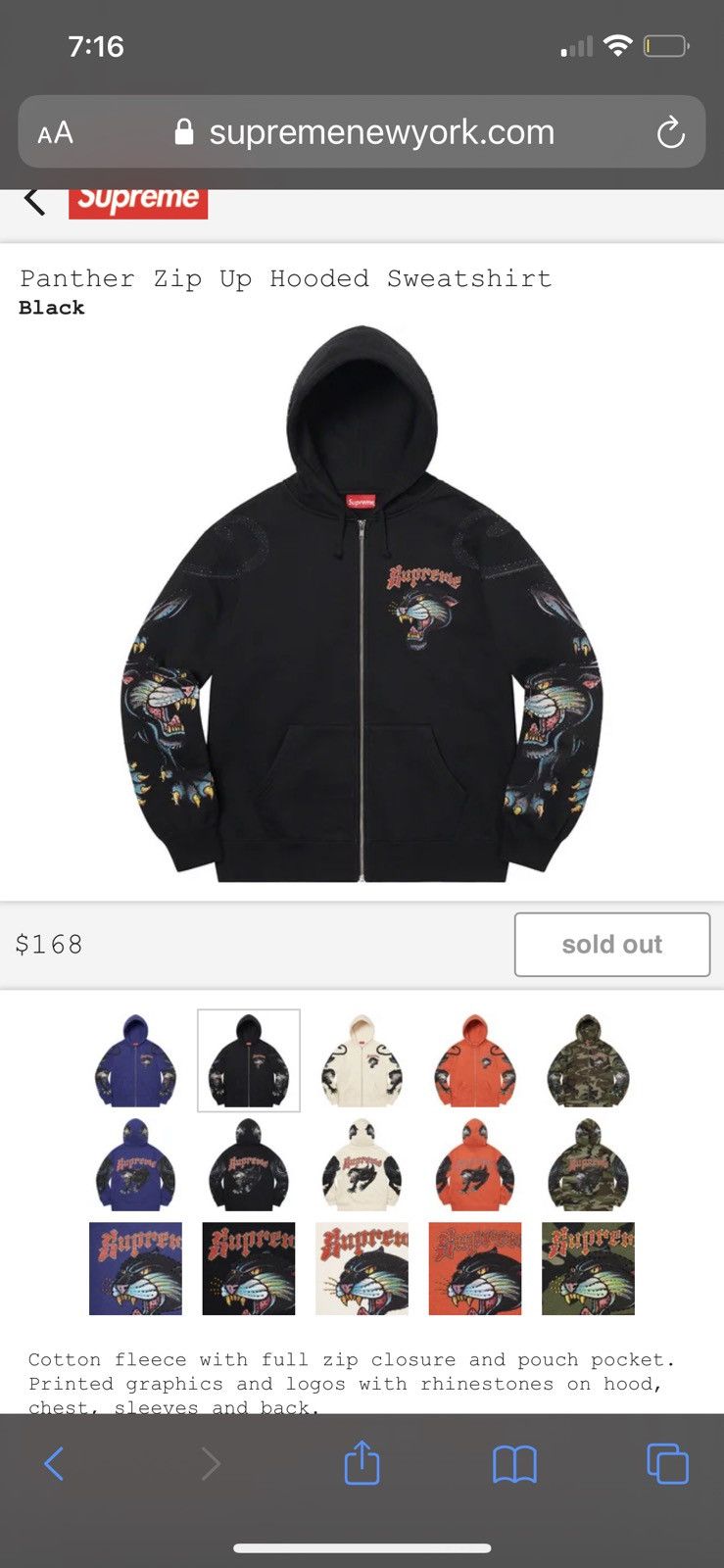 Supreme Panther Zip Up Hooded Sweatshirt Black