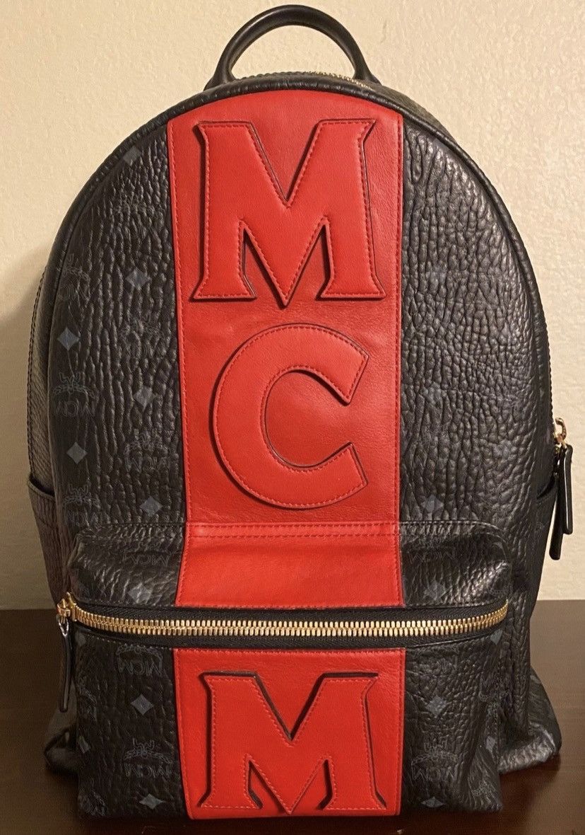 MCM MCM Stark Backpack Visetos Logo Stripe Black Red Grailed