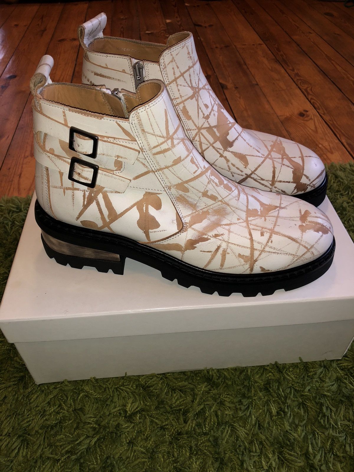 Maison Margiela Aw16 Metal Heel Shoes Scratched Leather Ankle Boots in Beige, Men's (Size 12)