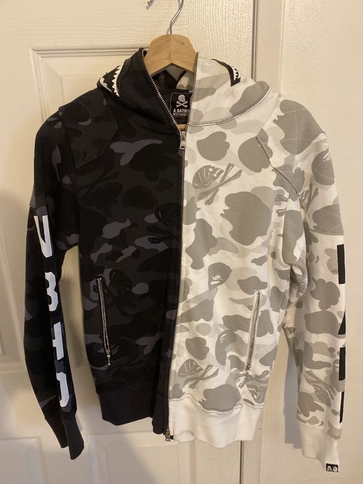 BAPE X Neighborhood Split Camo Shark Full Zip Hoodie Black/White