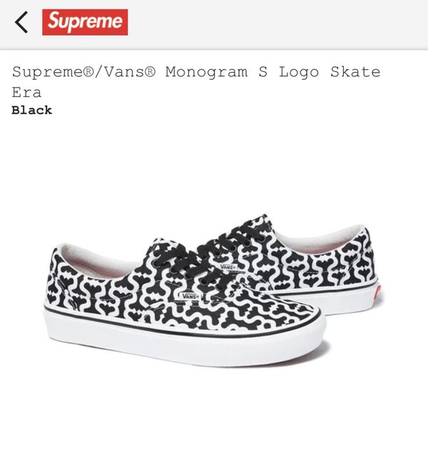 Supreme Supreme x Vans Skate Era Monogram S Logo Black Size 8 NEW