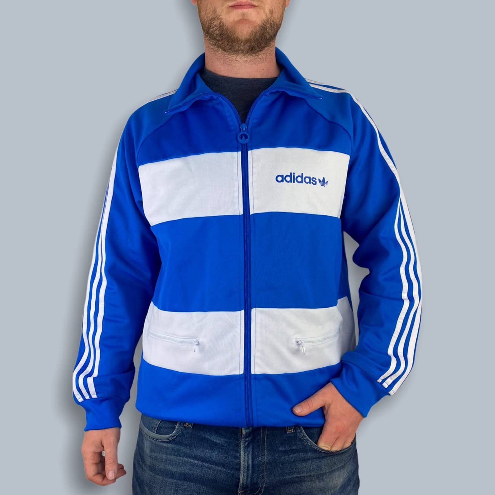 Adidas Retro Blue and White Striped Adidas Zip-up Sweater (M) Size US M / EU 48-50 / 2 - 2 Preview