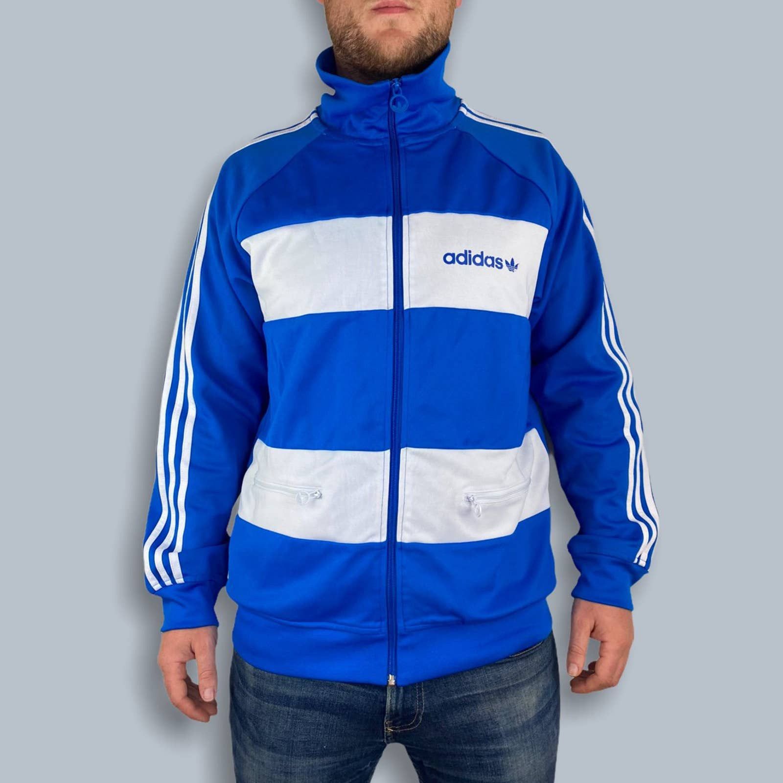Adidas Retro Blue and White Striped Adidas Zip-up Sweater (M) Size US M / EU 48-50 / 2 - 1 Preview