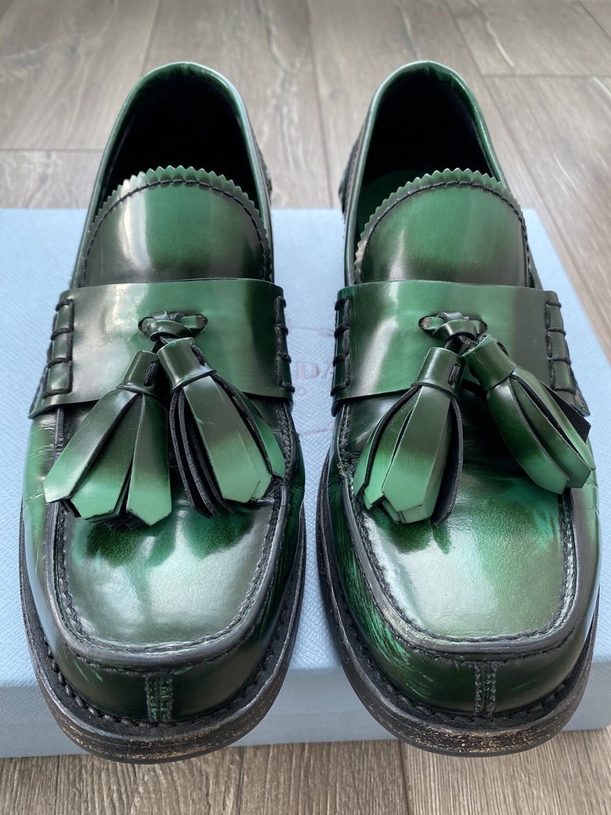 Prada green tassel loafers hotsell