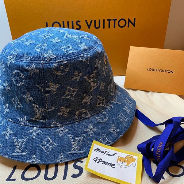 Louis Vuitton  White Bucket L Blue Monogram Denim Bob Lv Logo