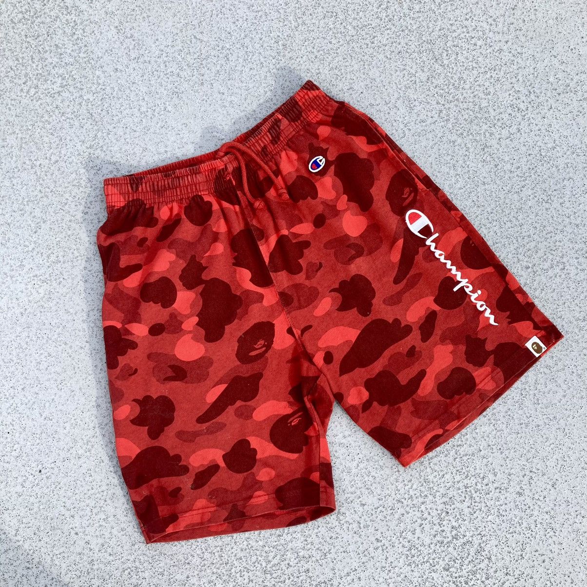 Bape Bape x Champion red camo shorts Grailed