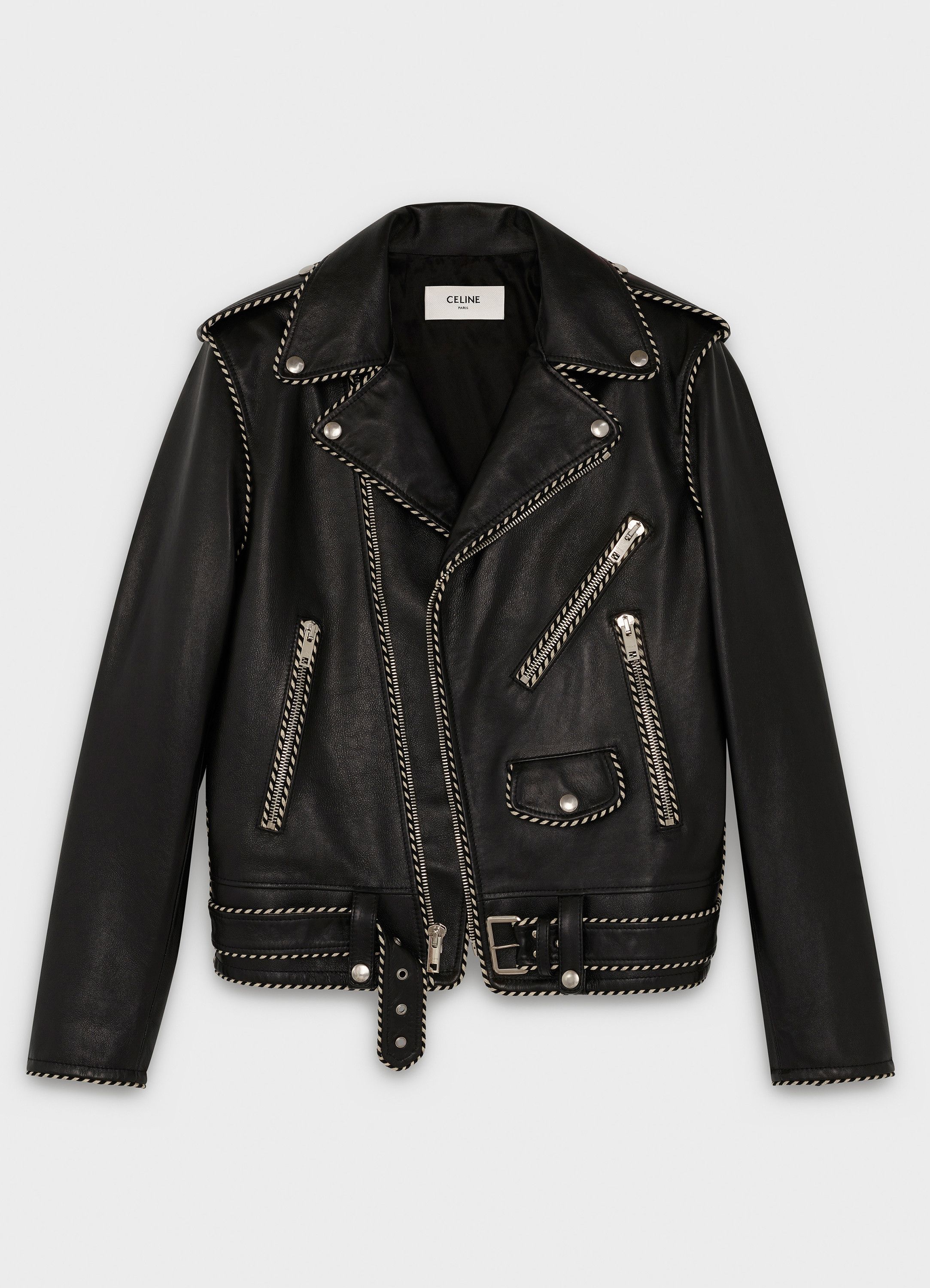 Celine × Hedi Slimane FW19 Celine Leather Biker Moto Jacket Piping 
