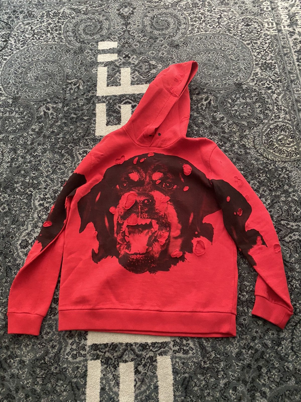 Givenchy Red Destroyed Rottweiler Hoodie | Grailed