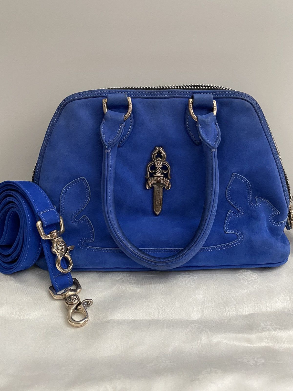 Chrome Hearts Chrome Hearts Blue Suede Handbag w/ Shoulder Strap *Rare ...