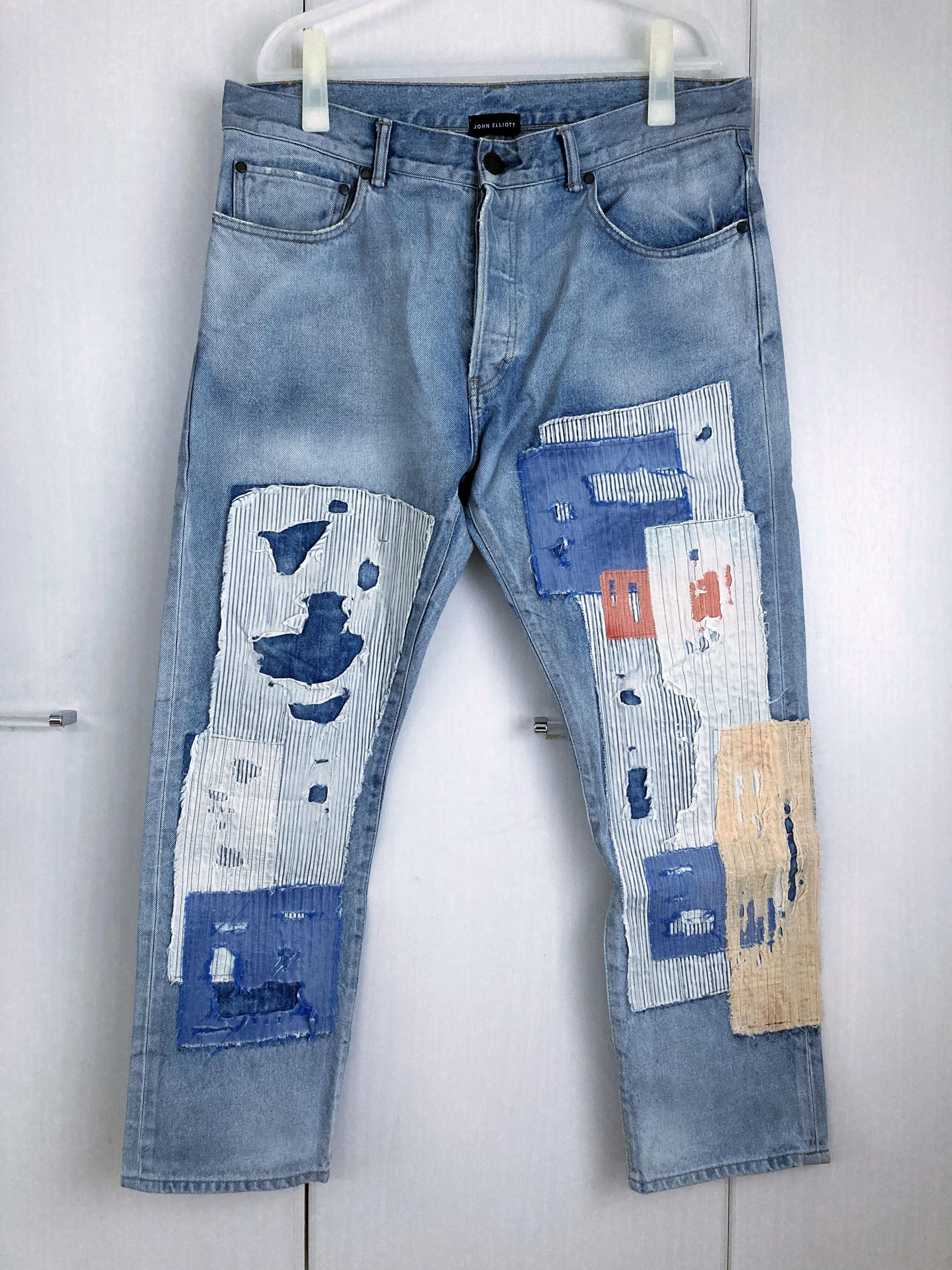 John Elliott 【final drop】The Kane Distressed Patchwork Jeans denim ...