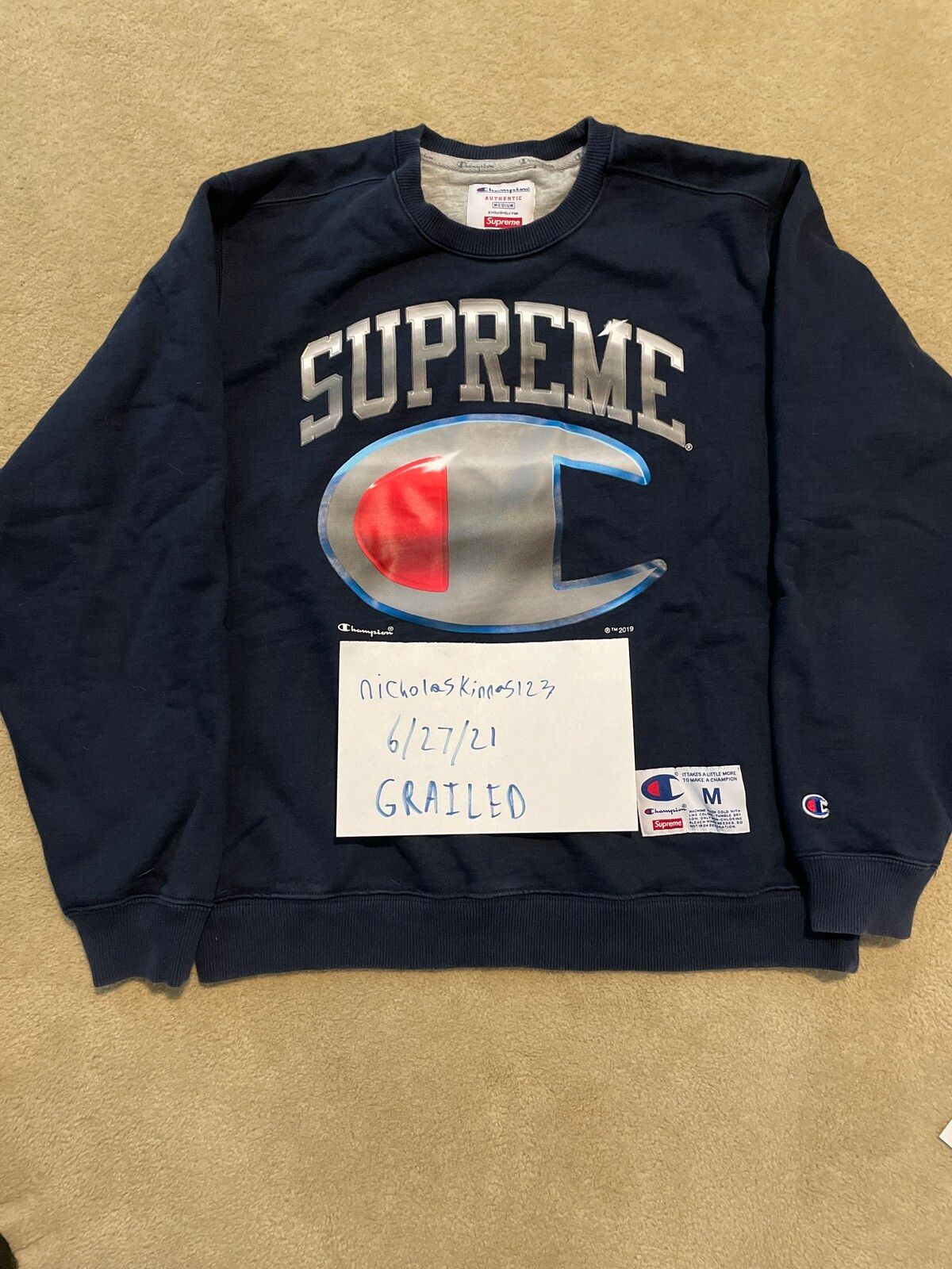 Supreme Supreme x Champion Chrome Crewneck Navy Sweatshirt | Grailed