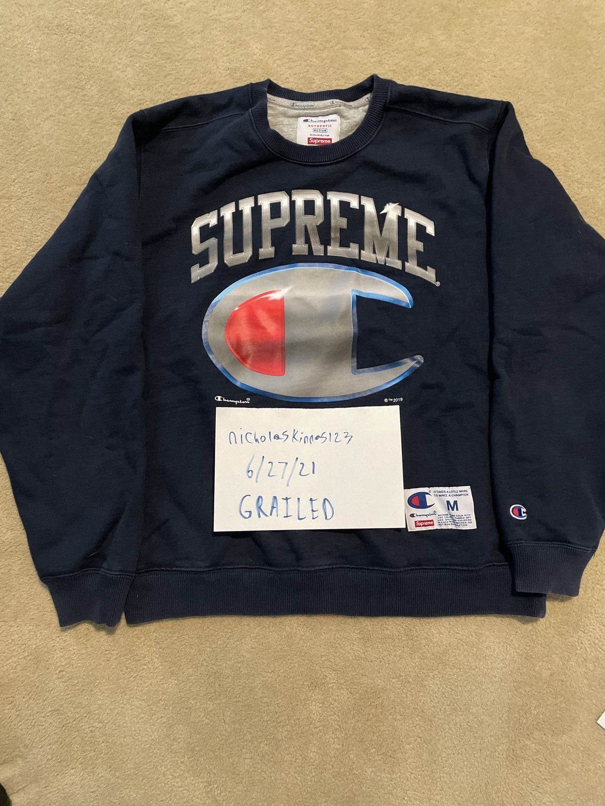 Supreme Supreme x Champion Chrome Crewneck Navy Sweatshirt | Grailed