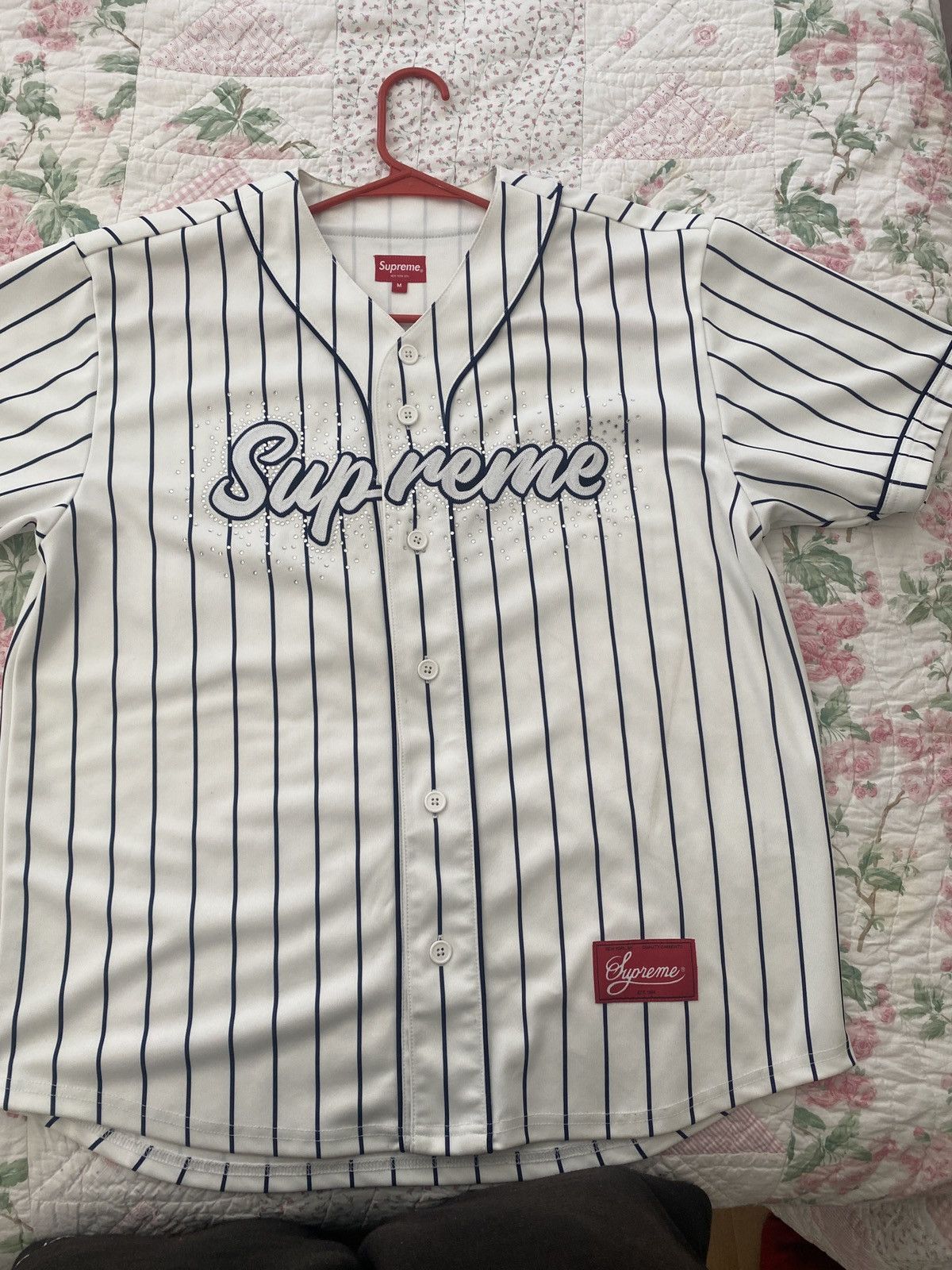 Supreme Rhinestone Baseball Jersey Black for Men