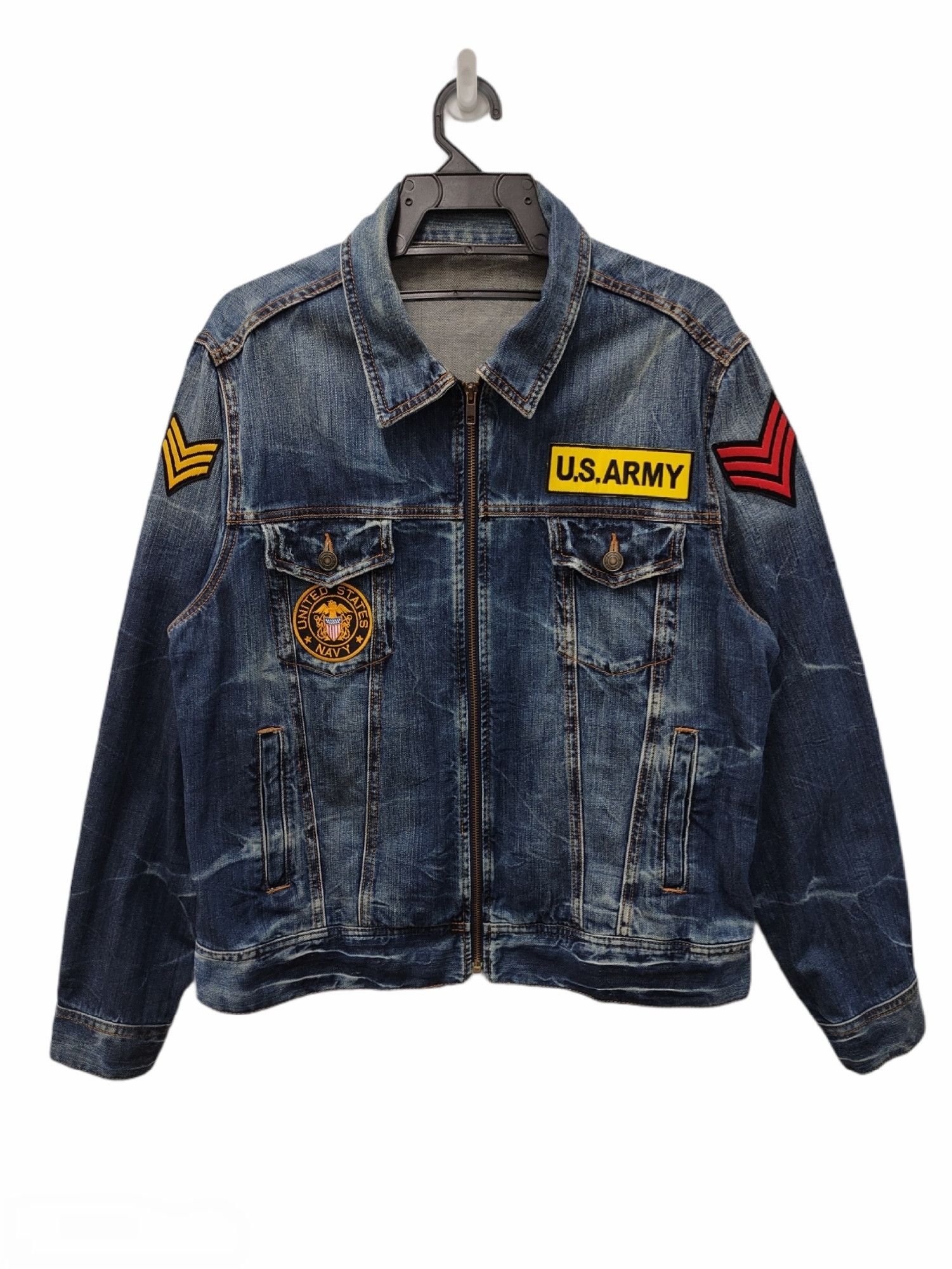 VTG ACID WASH DENIM JACKET ARMY NAVY AMERICAN EAGLE PATCHES