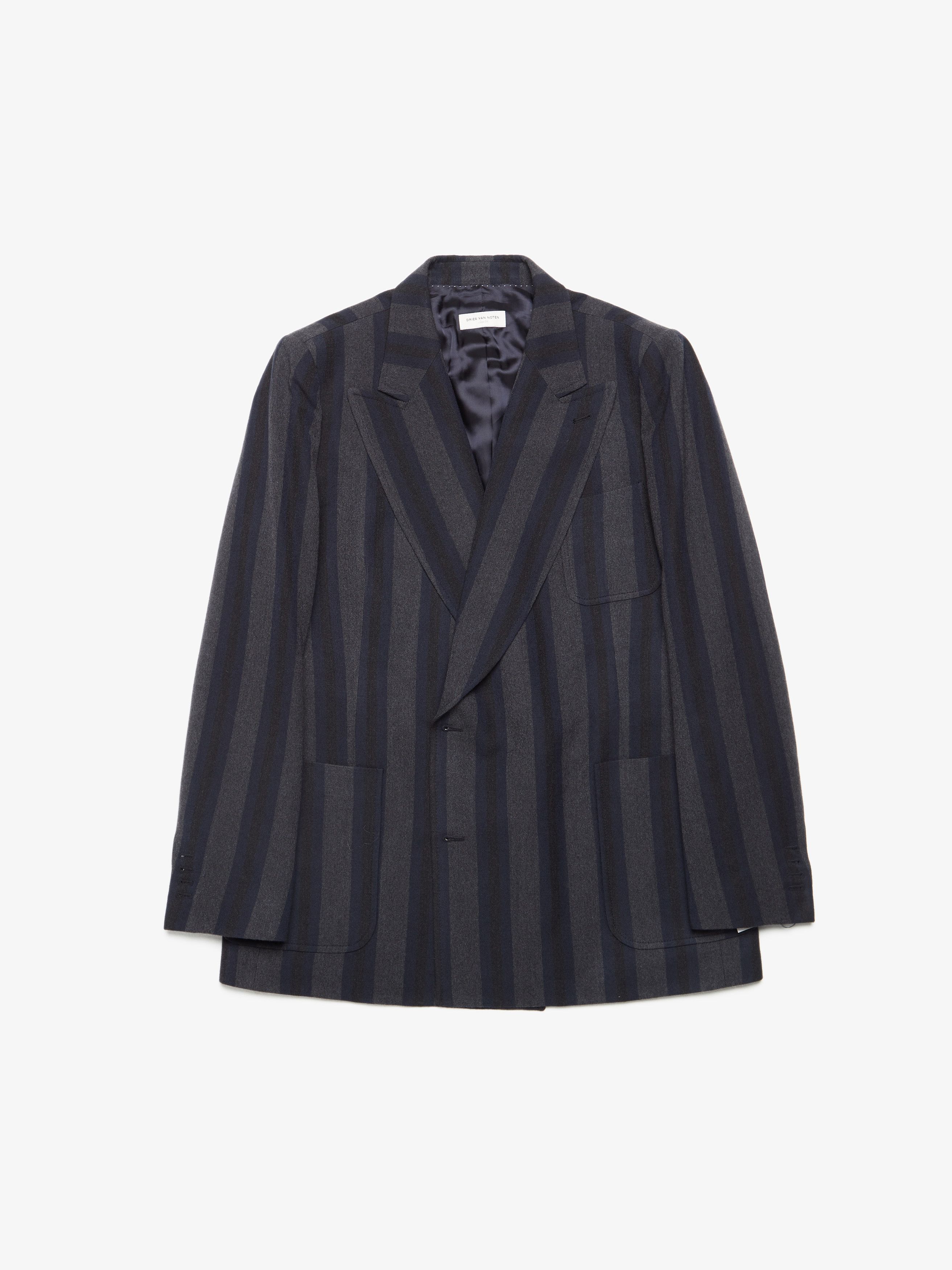 Dries Van Noten Navy And Gray Striped Double Breasted Wool Blazer ...