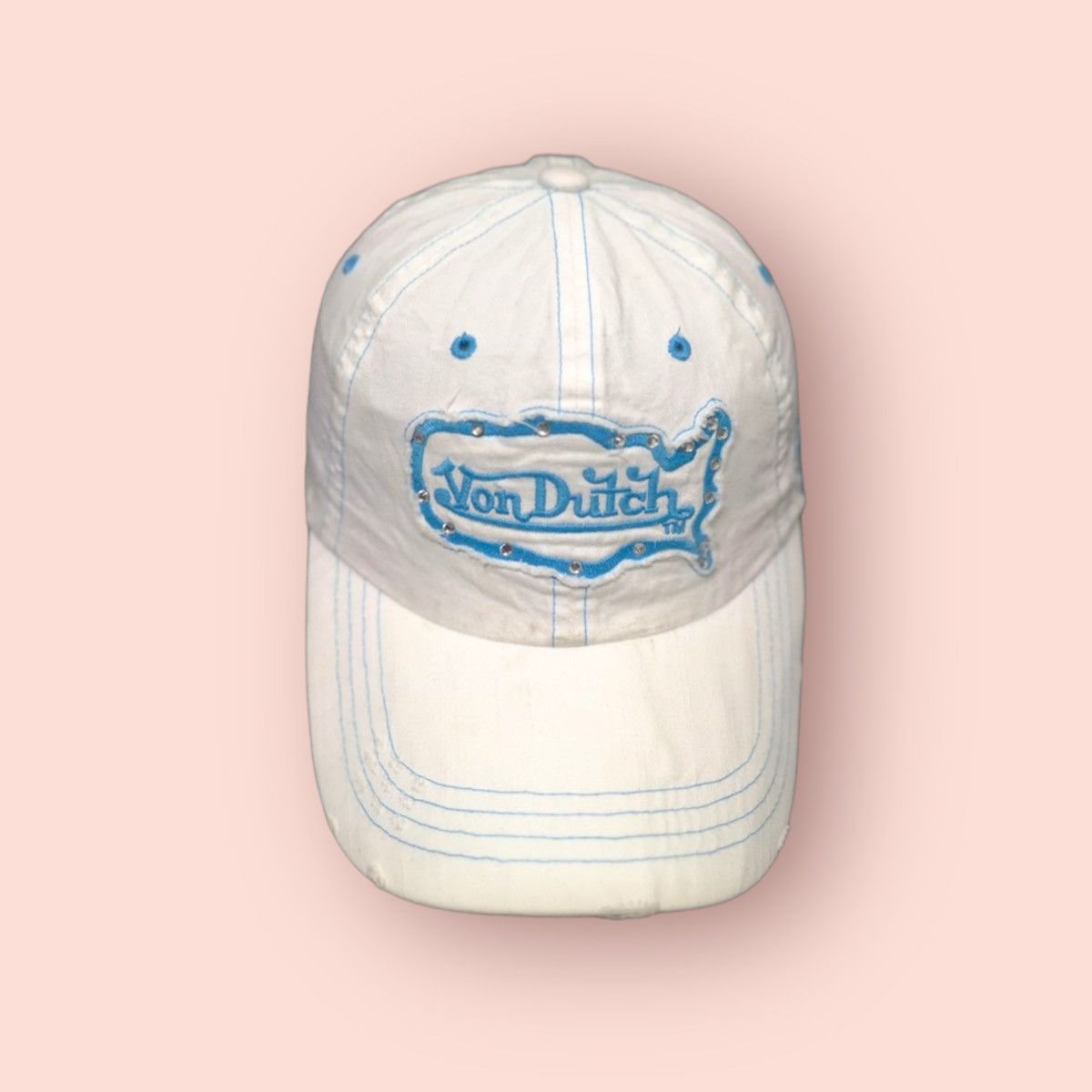 image of Distressed Denim x Vintage Distressed Limited Edition Von Dutch Strapback in Light Blue, Men's
