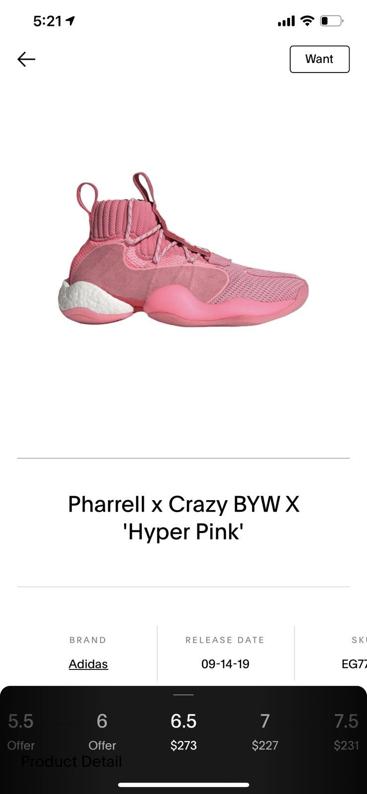 Adidas Pharrell x Crazy BYW X Hyper Pink 2019 Size US 6.5 / EU 39-40 - 10 Thumbnail