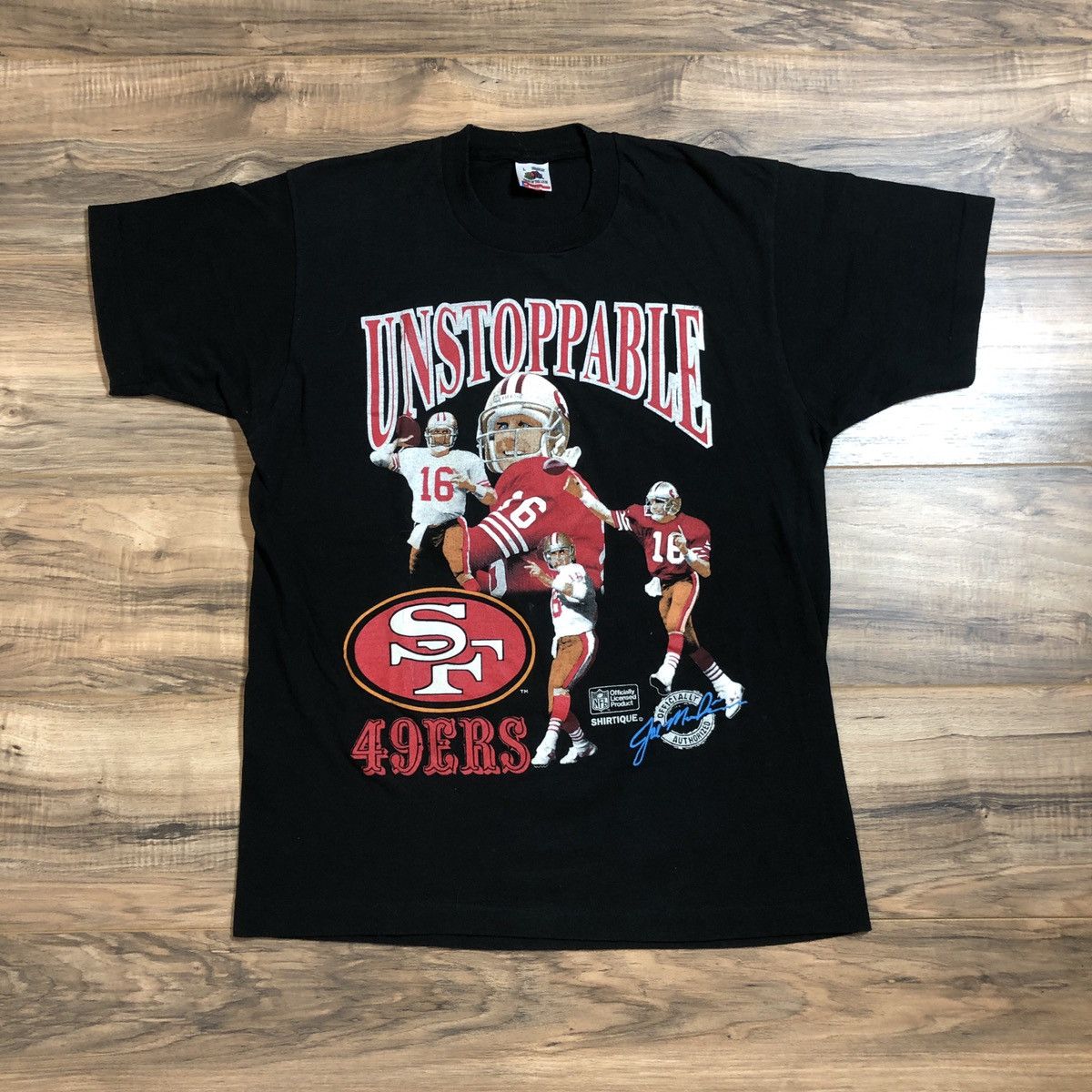 Vtg SF 49ers Joe Montana Unstoppable Single Stitch Men T-shirt Black Sz:XL  USA