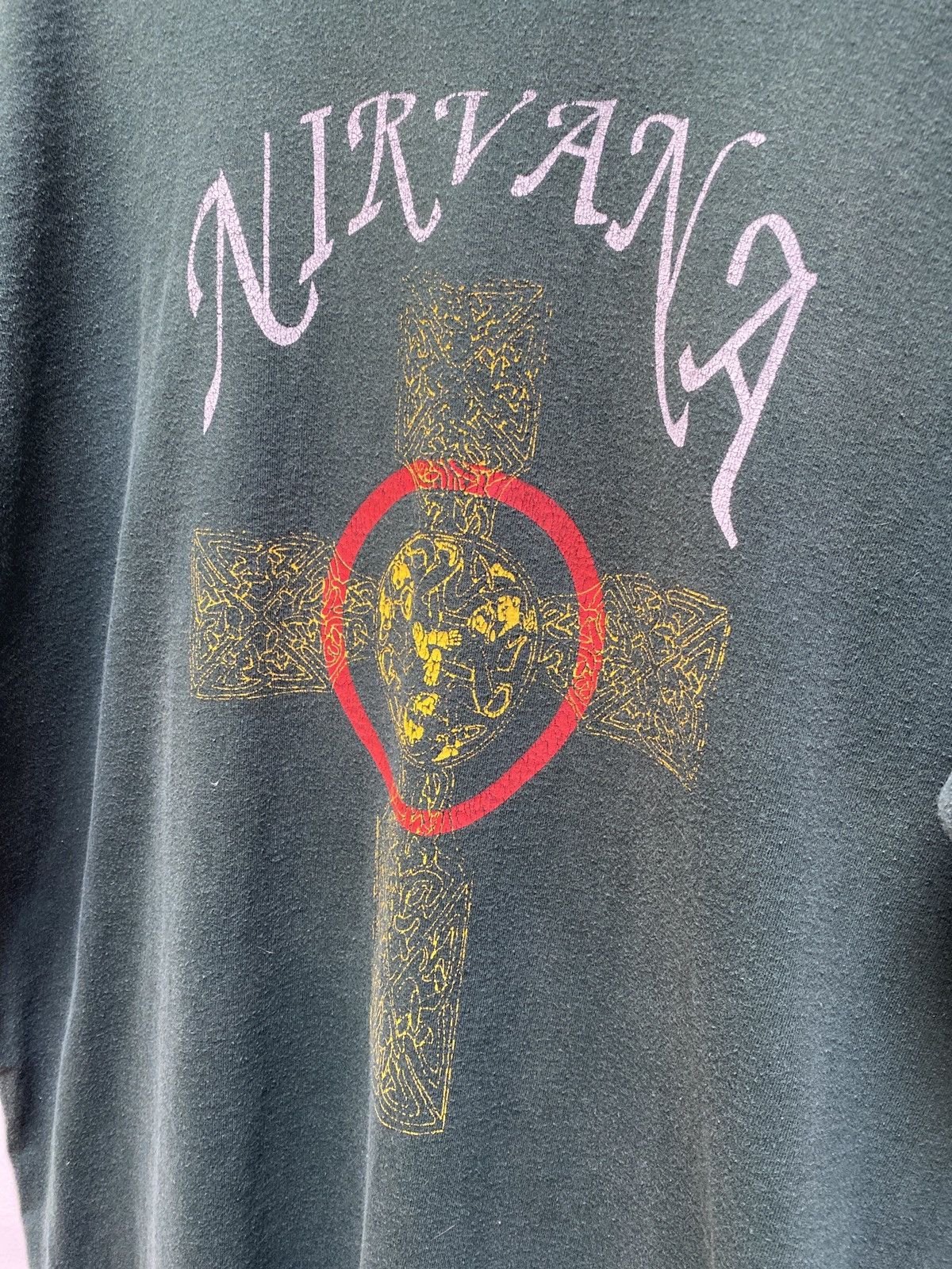 Kurt Cobain × Nirvana × Vintage Vintage Nirvana Pagan Cross Dark Green Tee  Shirt | Grailed