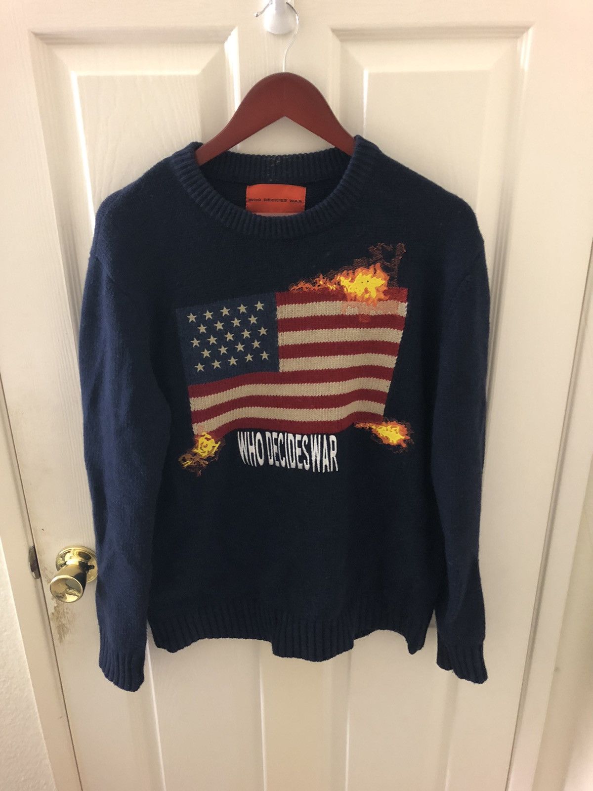 Ev Bravado Who decides war flag burning wool sweater navy | Grailed