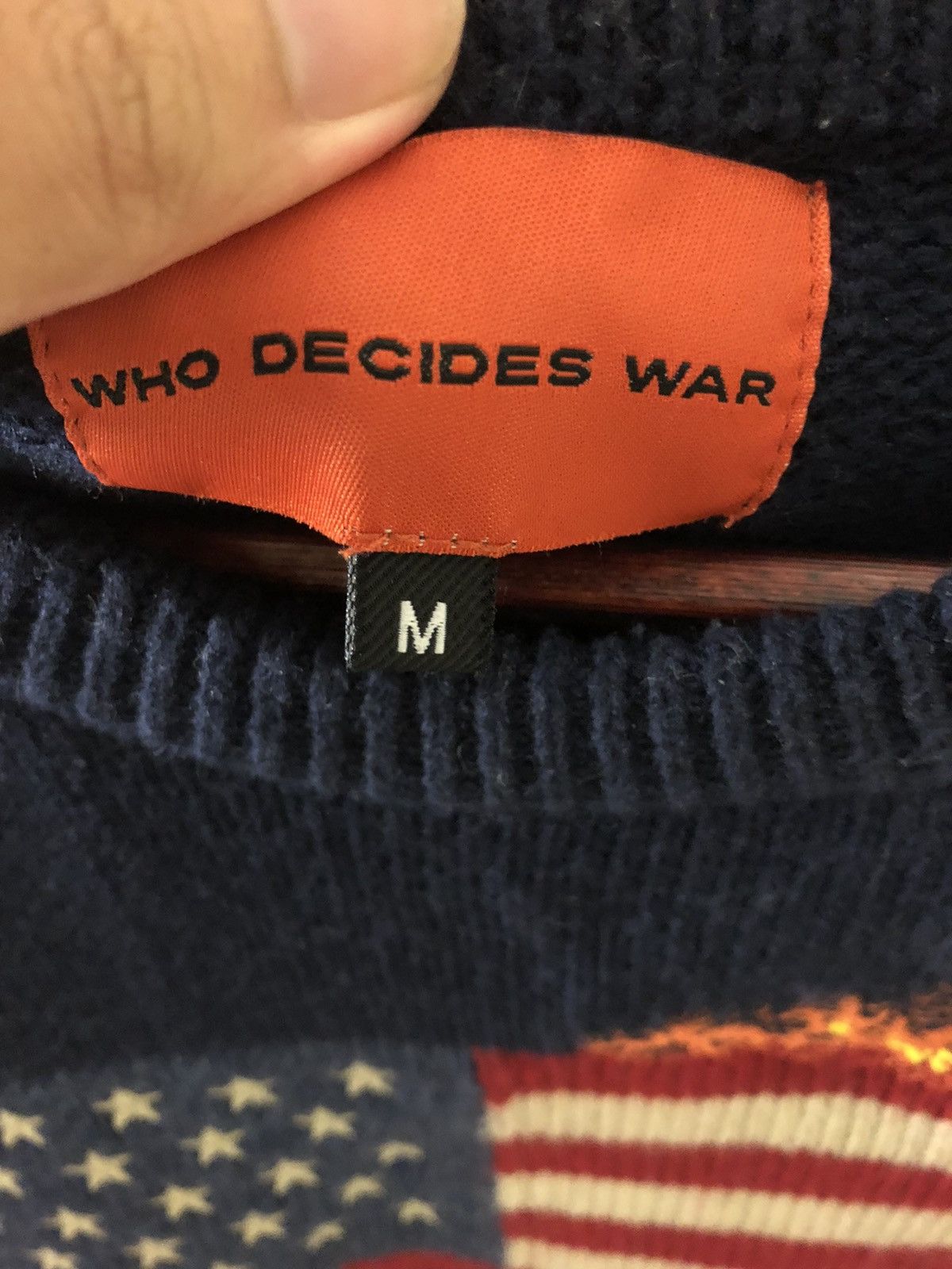 Ev Bravado Who decides war flag burning wool sweater navy | Grailed