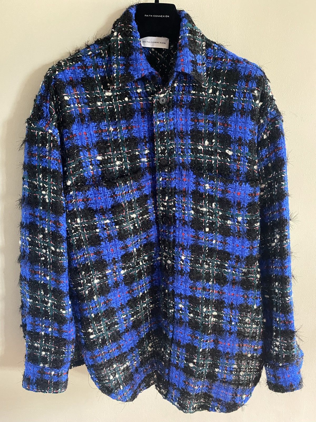 image of Faith Connexion Tweed Boucle Oversized Tartan Check Wool Overshirt in Blue, Men's (Size XS)