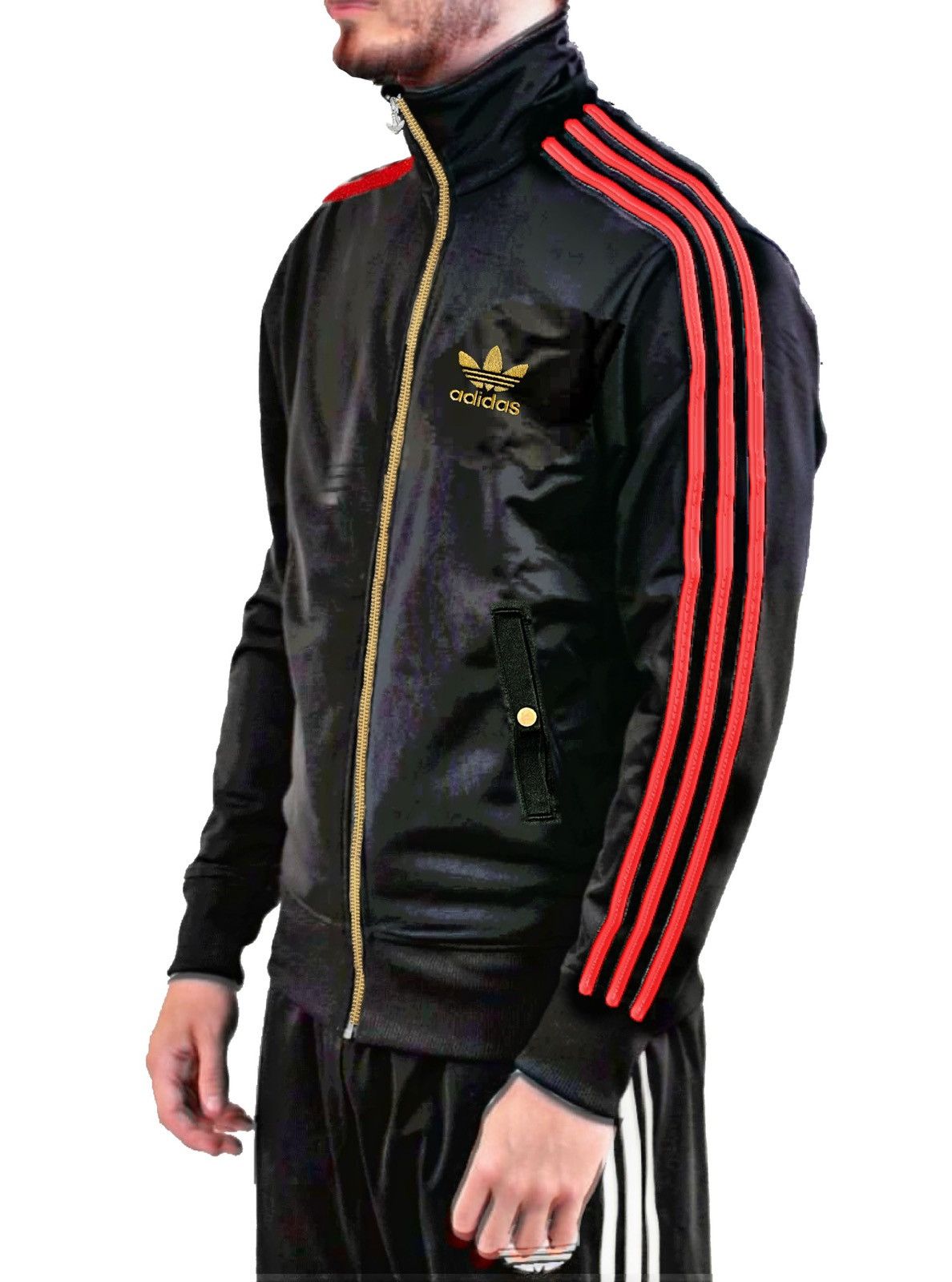 Red adidas jacket with black stripes online