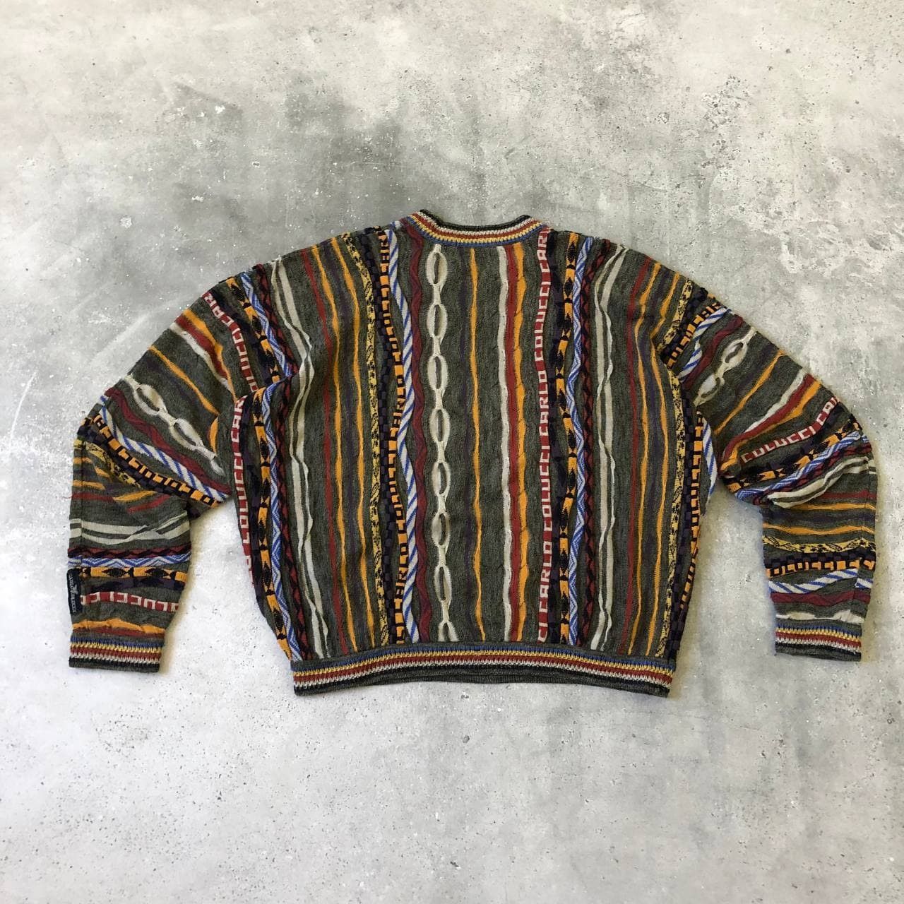 Pull Vintage Carlo Colucci Noir Et Orange - Taille M, Col Rond, Occasion Très Bon état