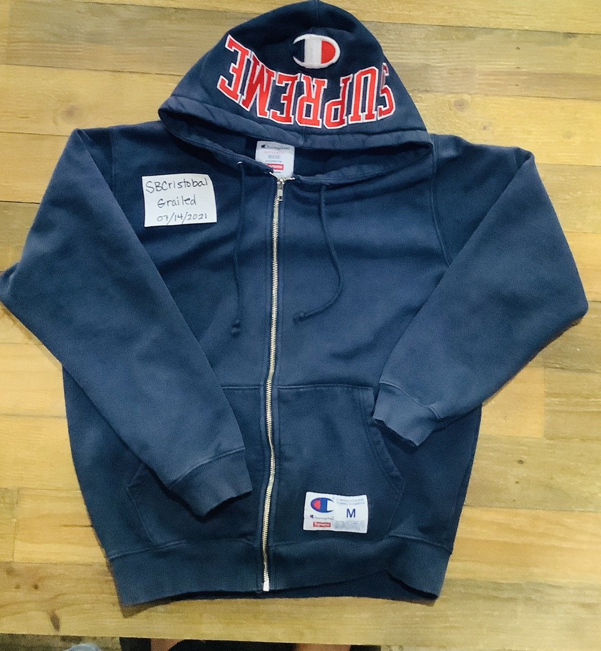 Champion × Supreme Champion X Supreme Full Zip Navy Hoodie Red 